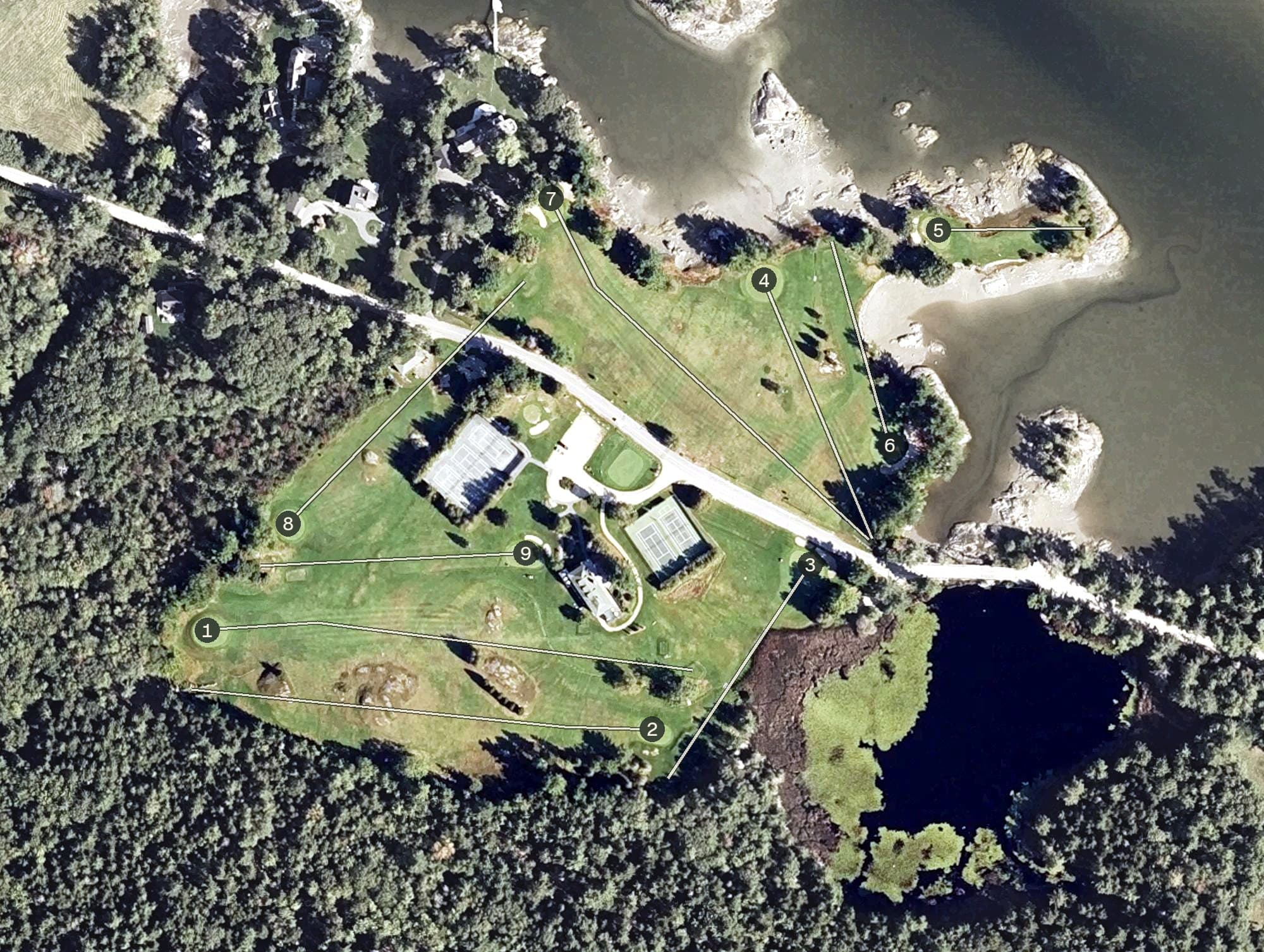 Aerial view of Blue Hill Country Club, ME, with its hole routing marked
