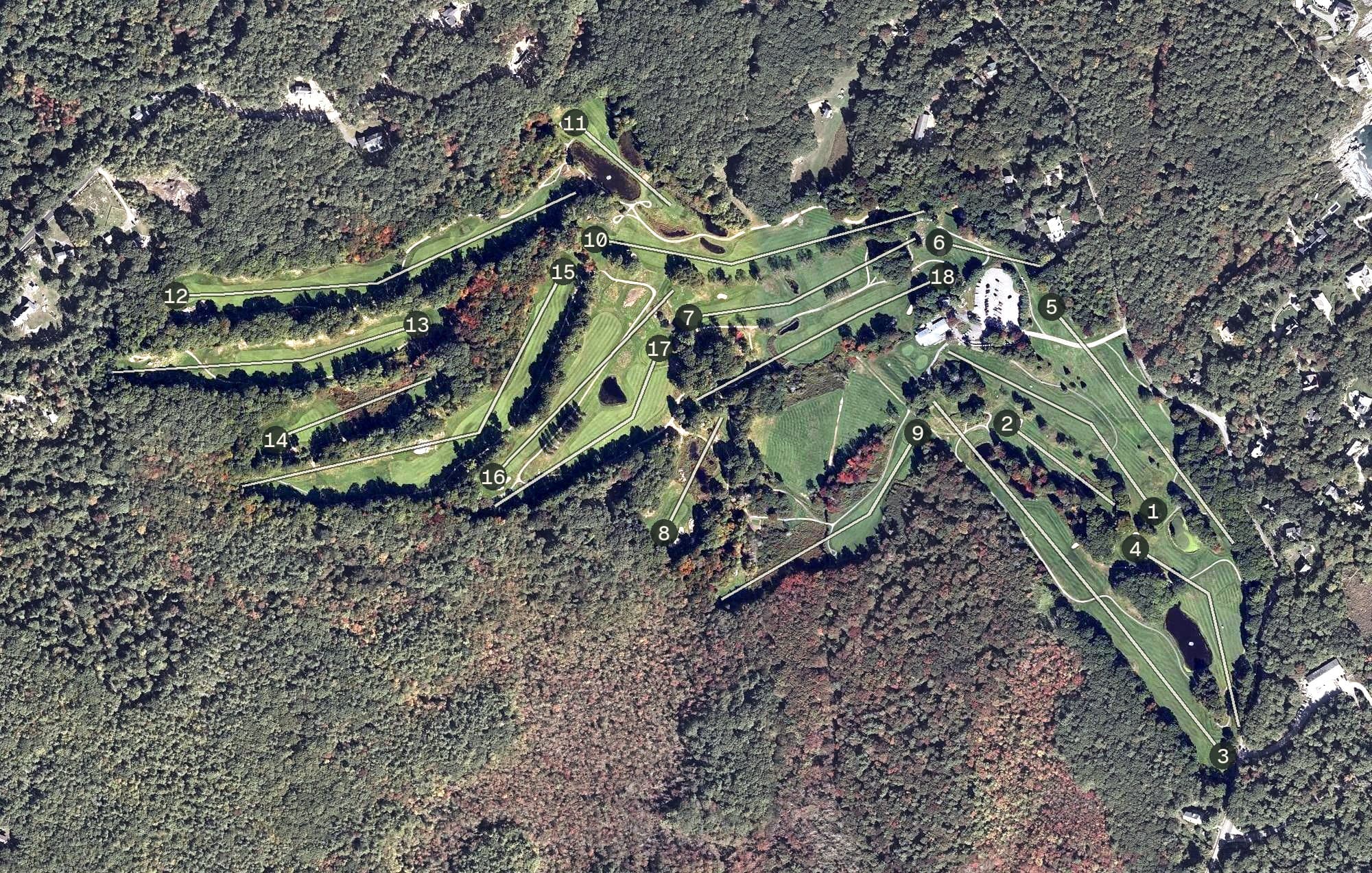 Aerial view of Cape Neddick Golf Club, ME, with its hole routing marked