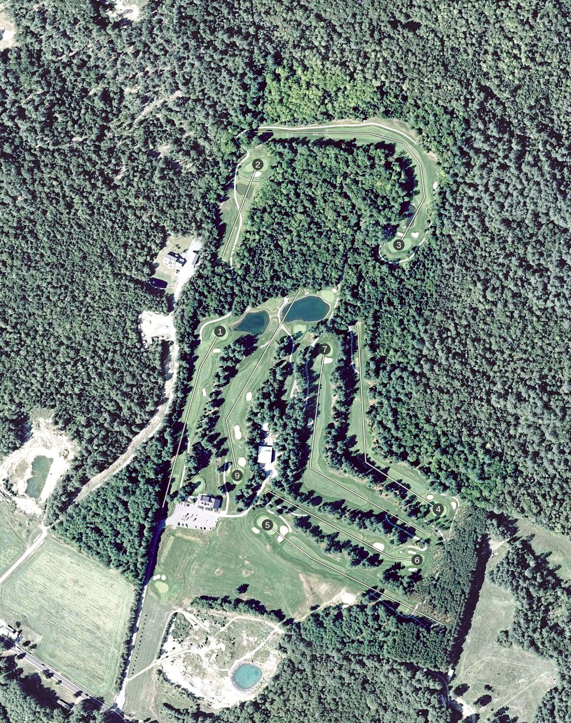 Aerial view of Diadema Golf Club, ME, with its hole routing marked