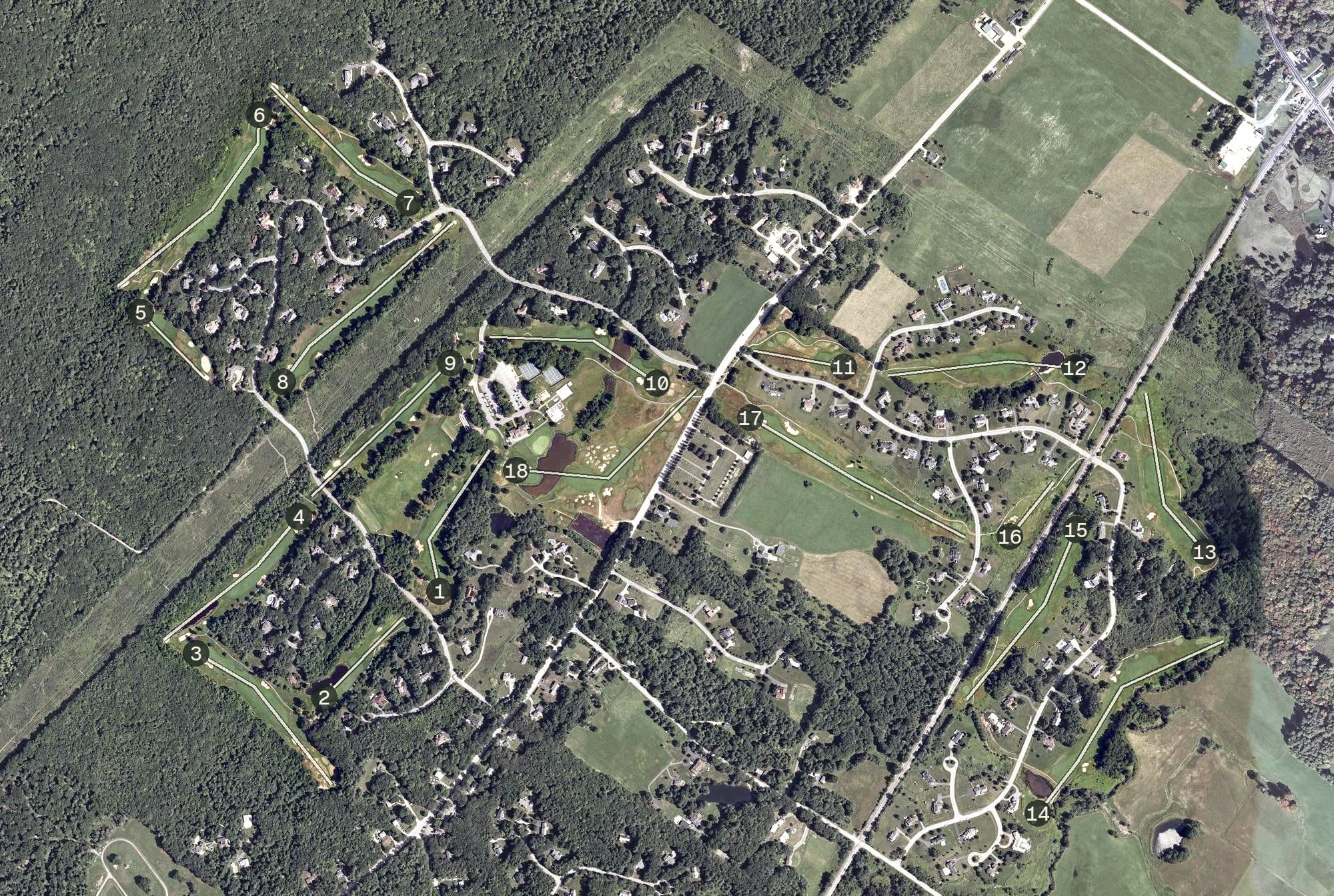 Aerial view of Falmouth Country Club, ME, with its hole routing marked