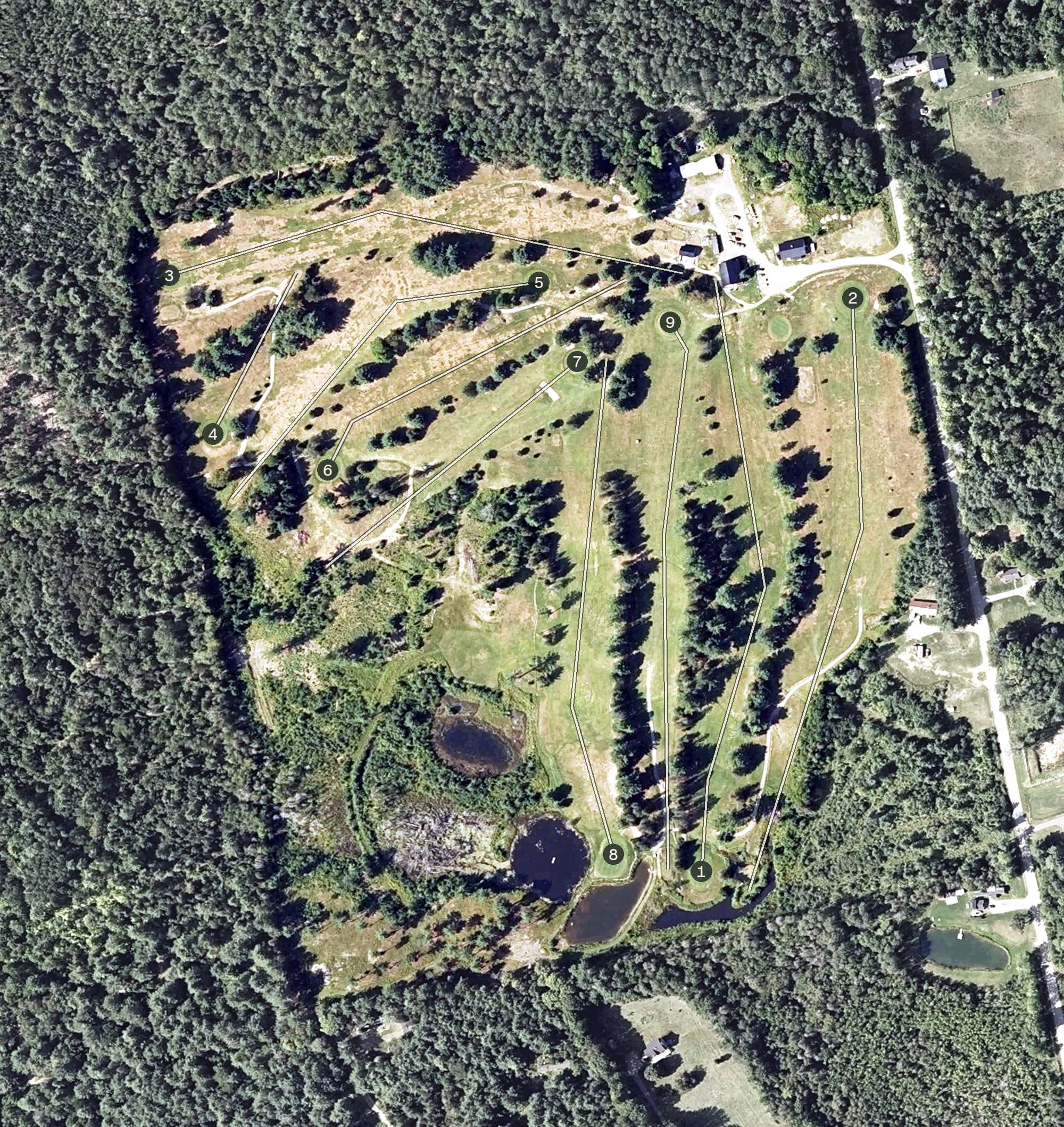 Aerial view of Foxcroft Golf Club, ME, with its hole routing marked