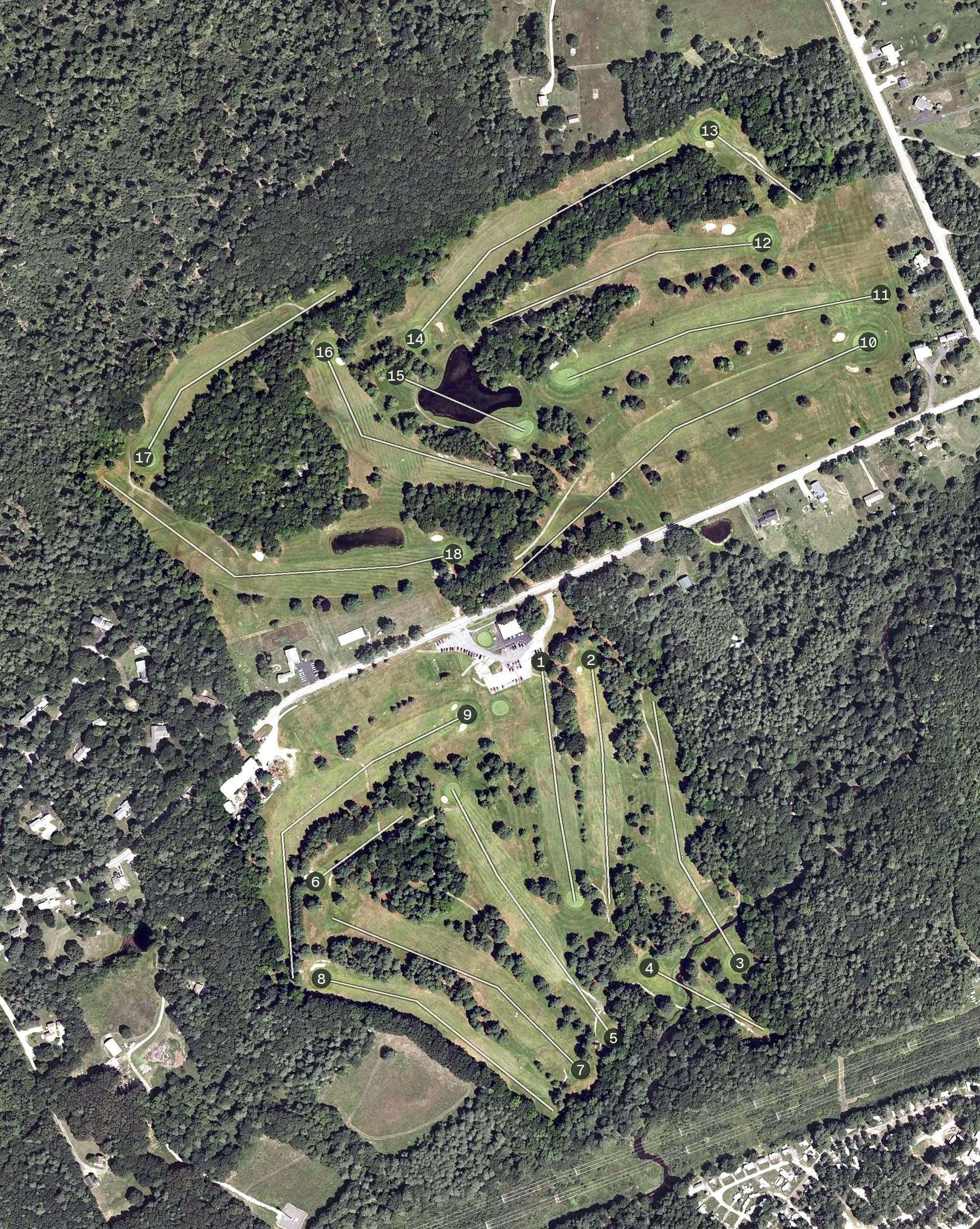 Aerial view of Gorham Country Club, ME, with its hole routing marked