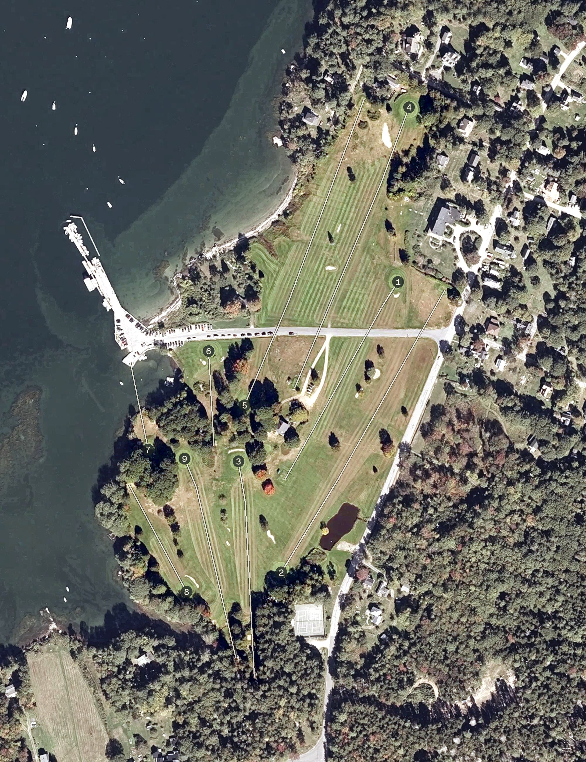 Aerial view of Great Chebeague Golf Club, ME, with its hole routing marked