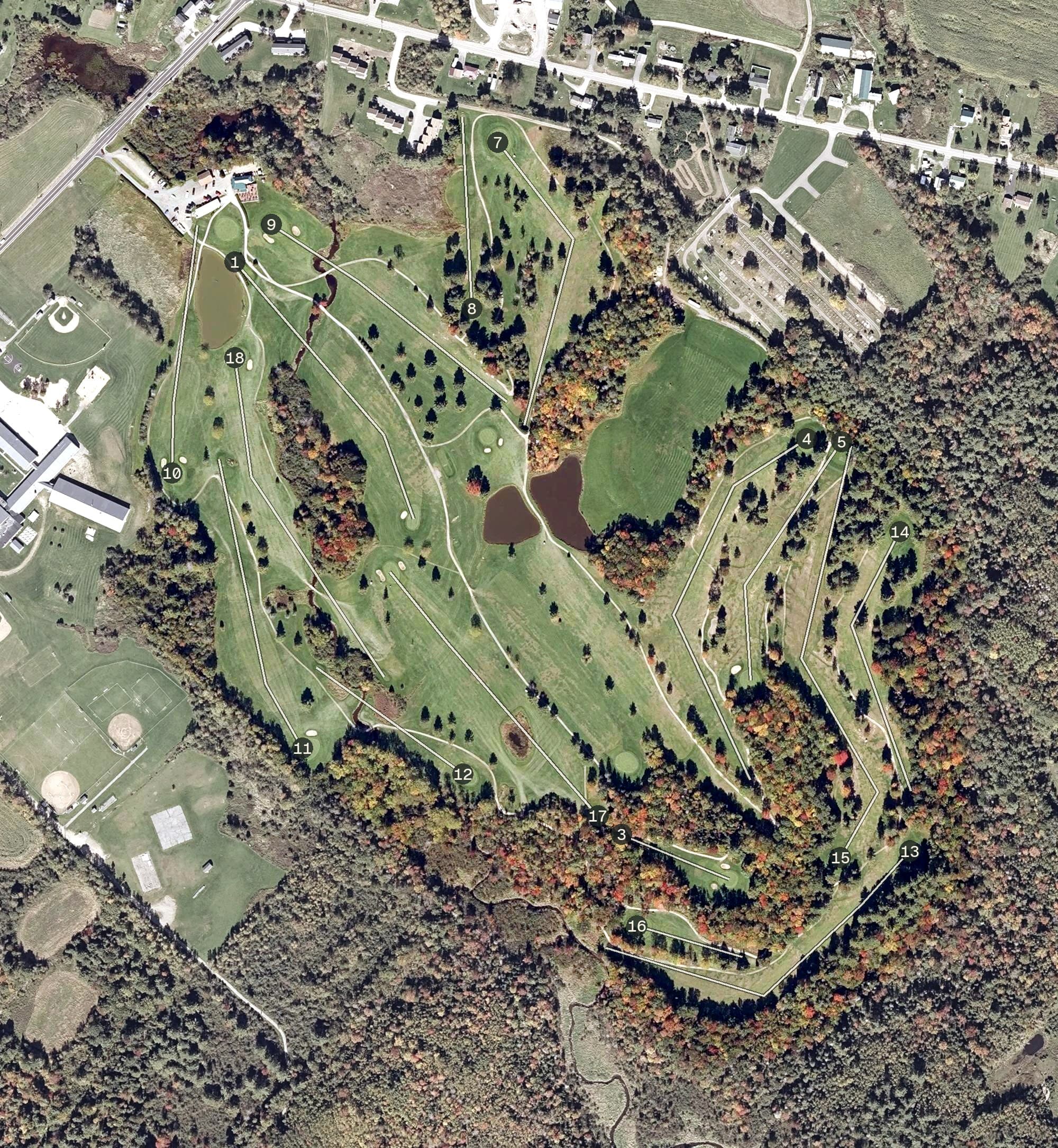 Aerial view of Hermon Meadow Golf Club, ME, with its hole routing marked