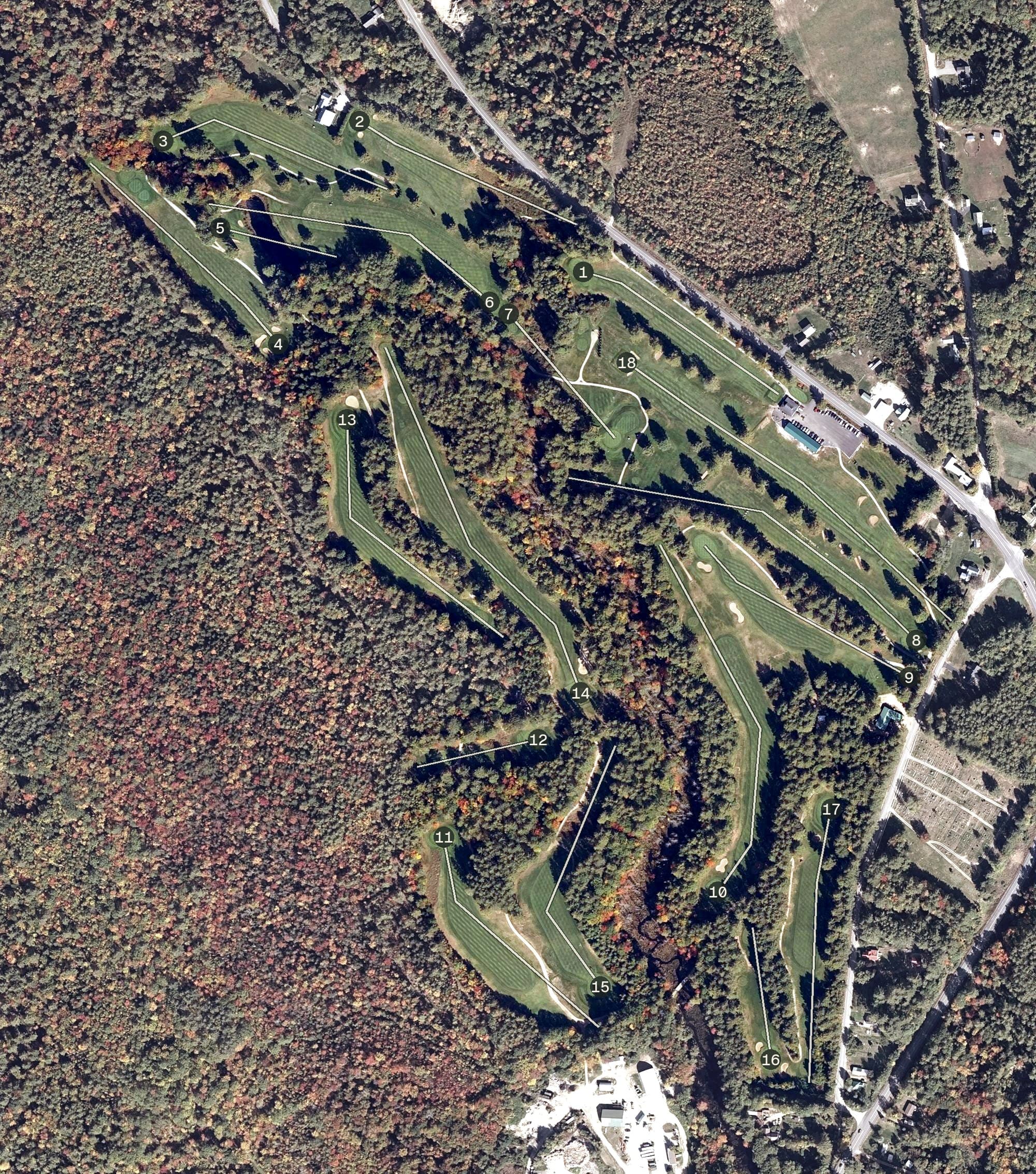 Aerial view of Lake Kezar Country Club, ME, with its hole routing marked