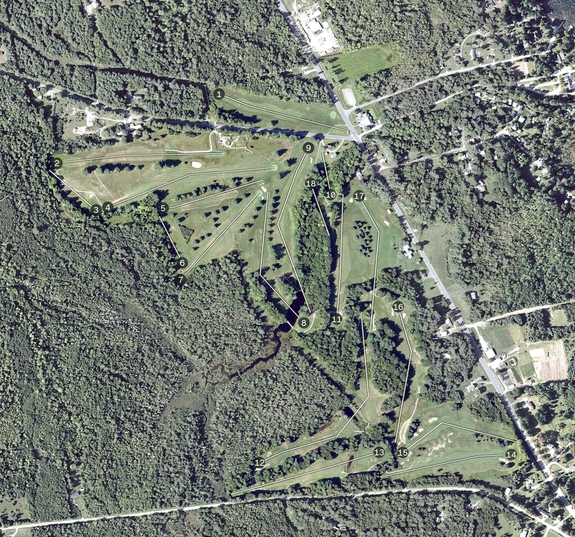 Aerial view of Lakewood Golf Course, ME, with its hole routing marked