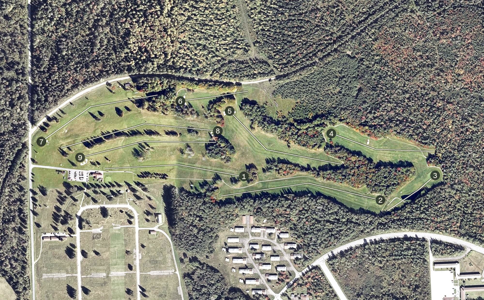 Aerial view of Lime Rock Golf Club, ME, with its hole routing marked