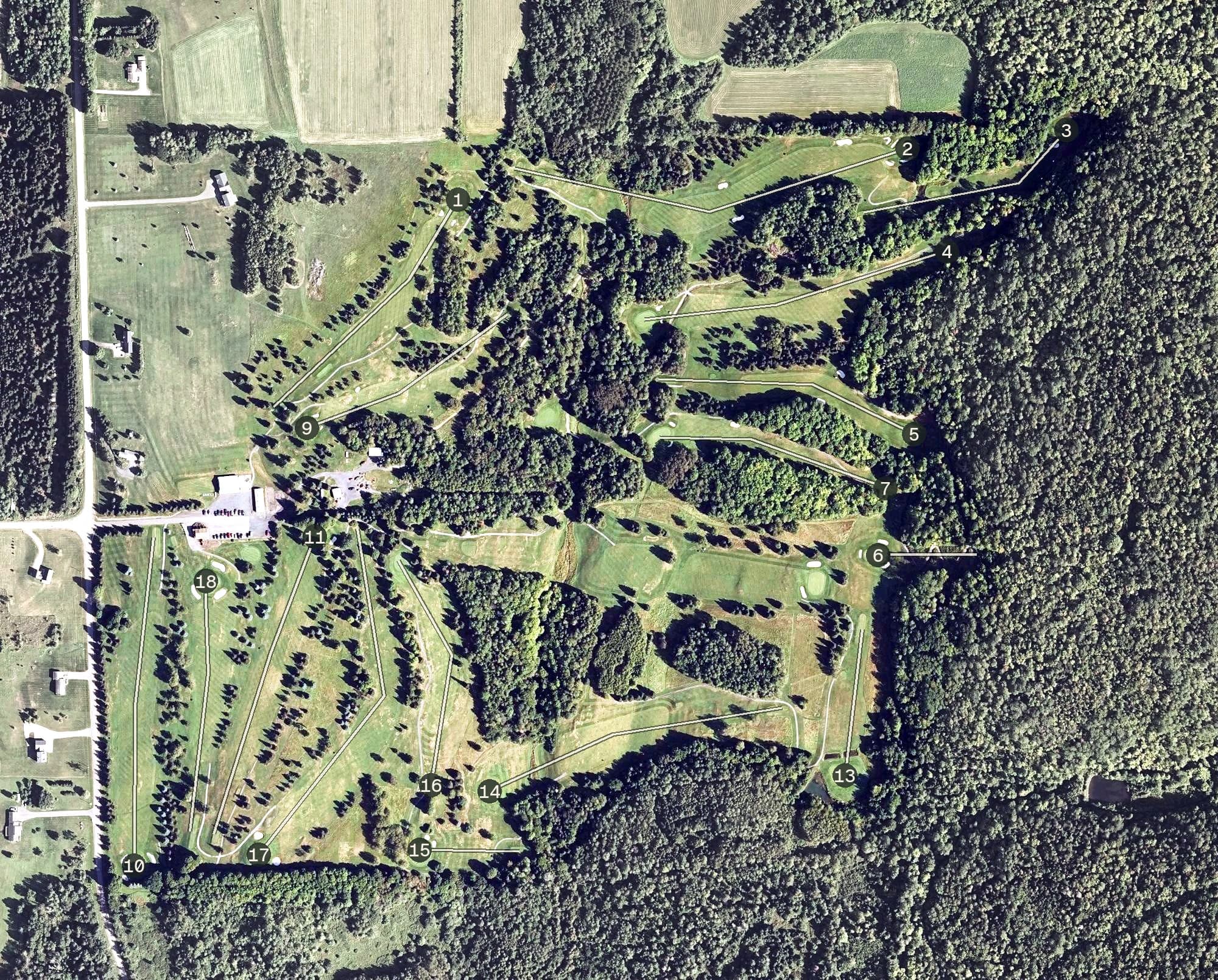 Aerial view of Mars Hill Country Club, ME, with its hole routing marked