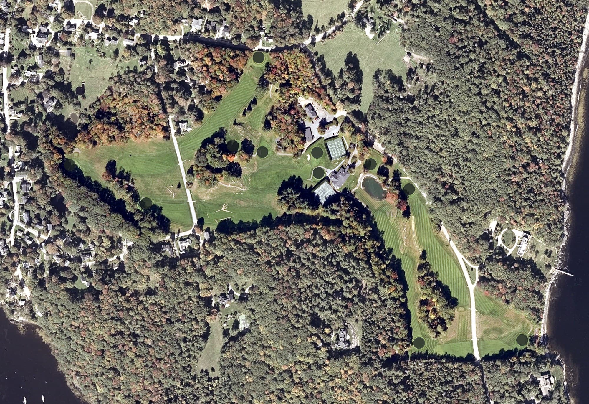 Aerial view of Megunticook Golf Club, ME, with its hole routing marked