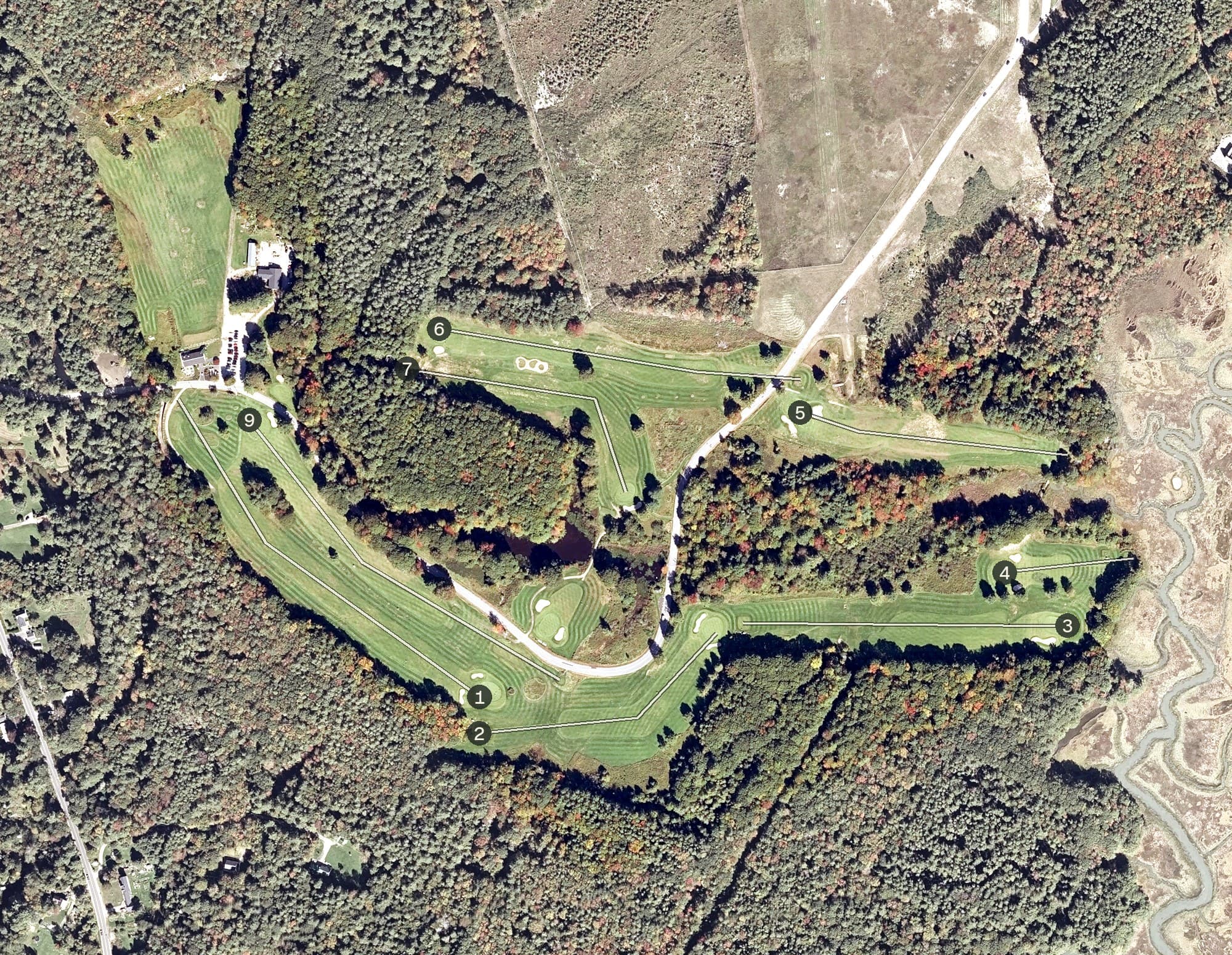 Aerial view of Mere Creek Golf Club, ME, with its hole routing marked