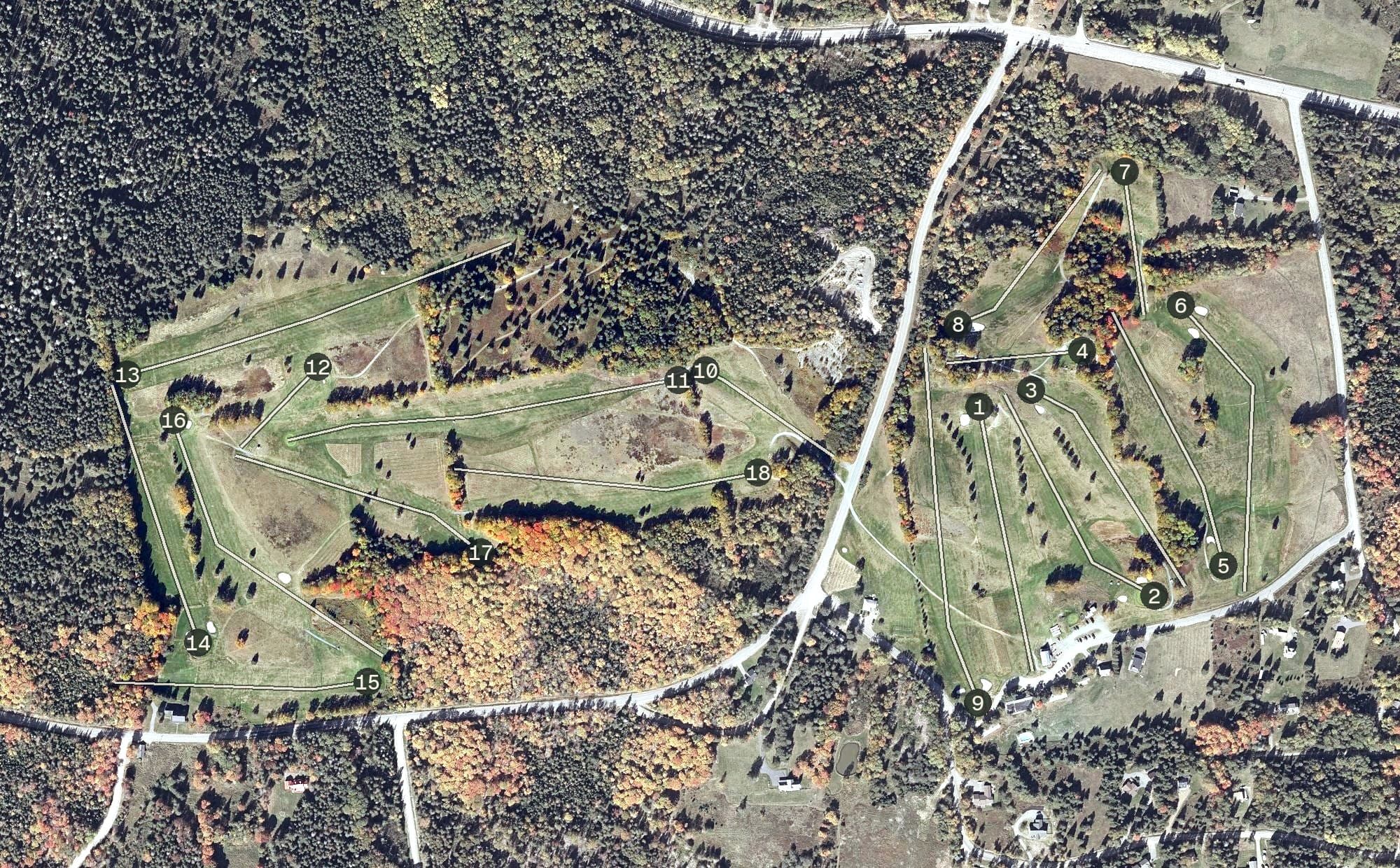 Aerial view of Mingo Springs Golf Course, ME, with its hole routing marked