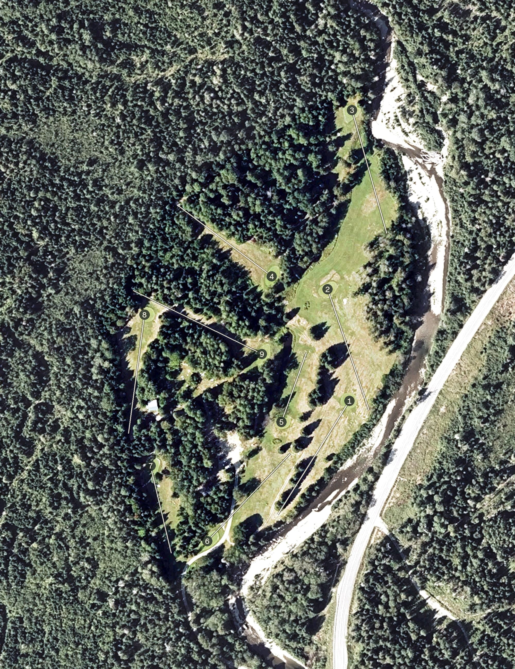 Aerial view of Moose Meadows Golf Course, ME, with its hole routing marked