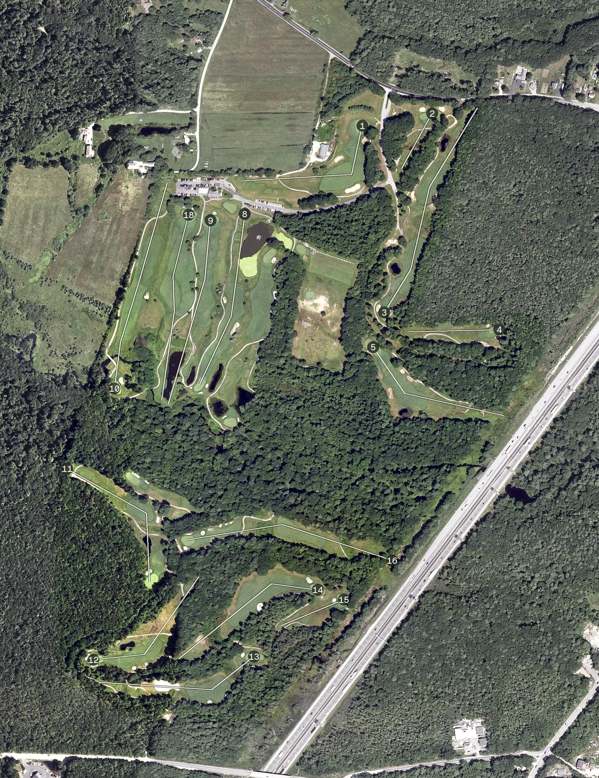 Aerial view of Nonesuch River Golf Club, ME, with its hole routing marked