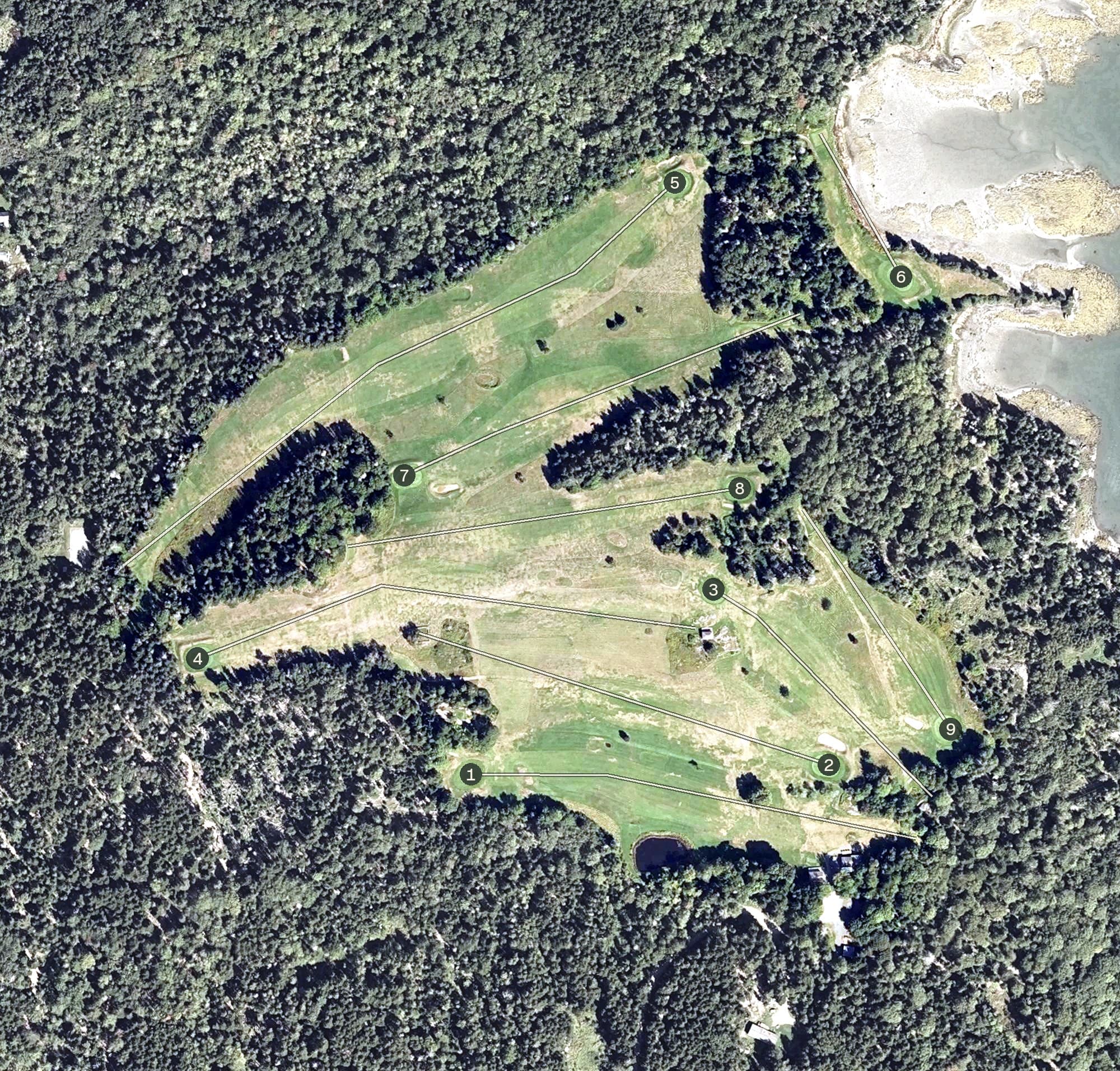 Aerial view of North Haven Golf Club, ME, with its hole routing marked