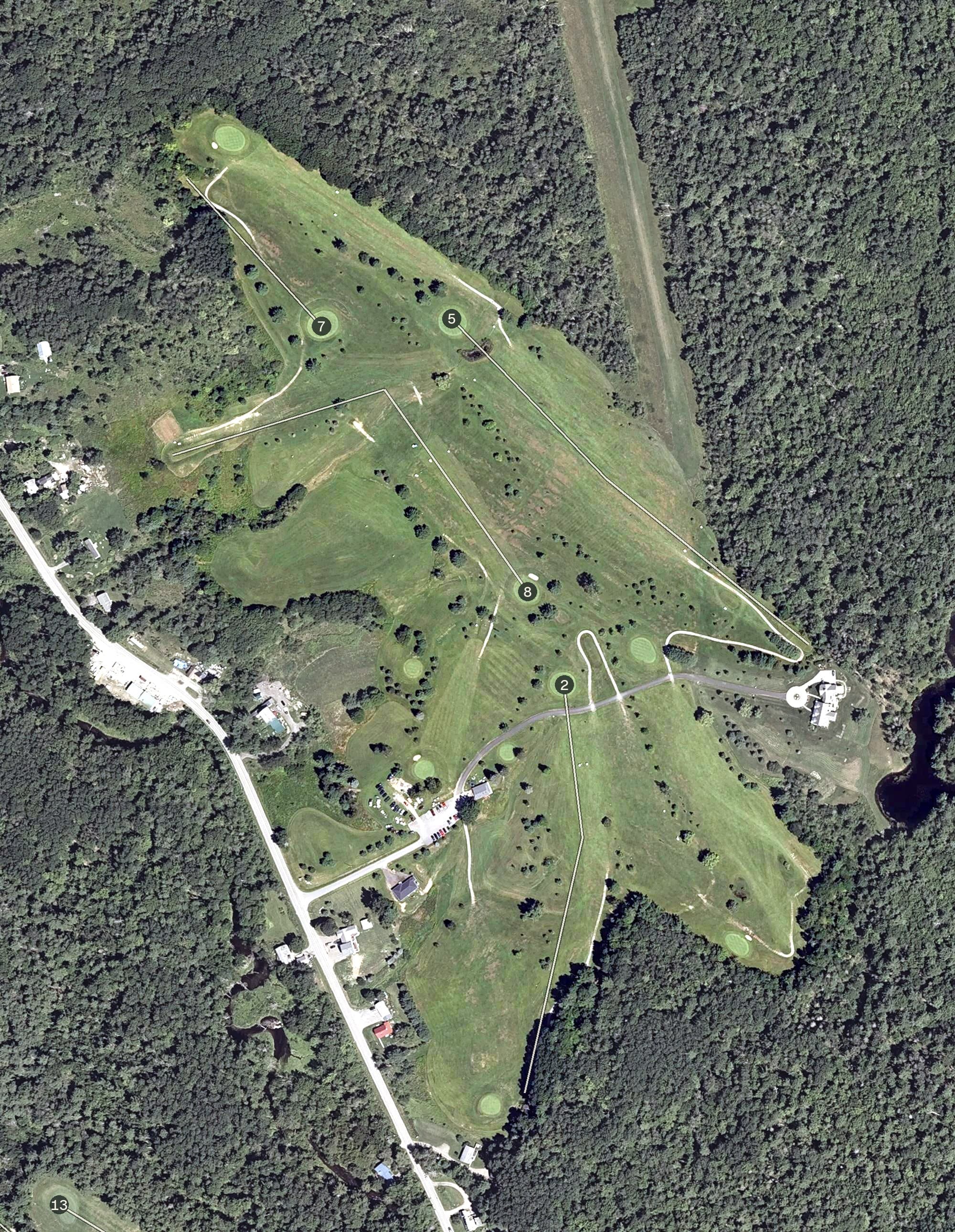 Aerial view of Pine Hill Golf Club, ME, with its hole routing marked