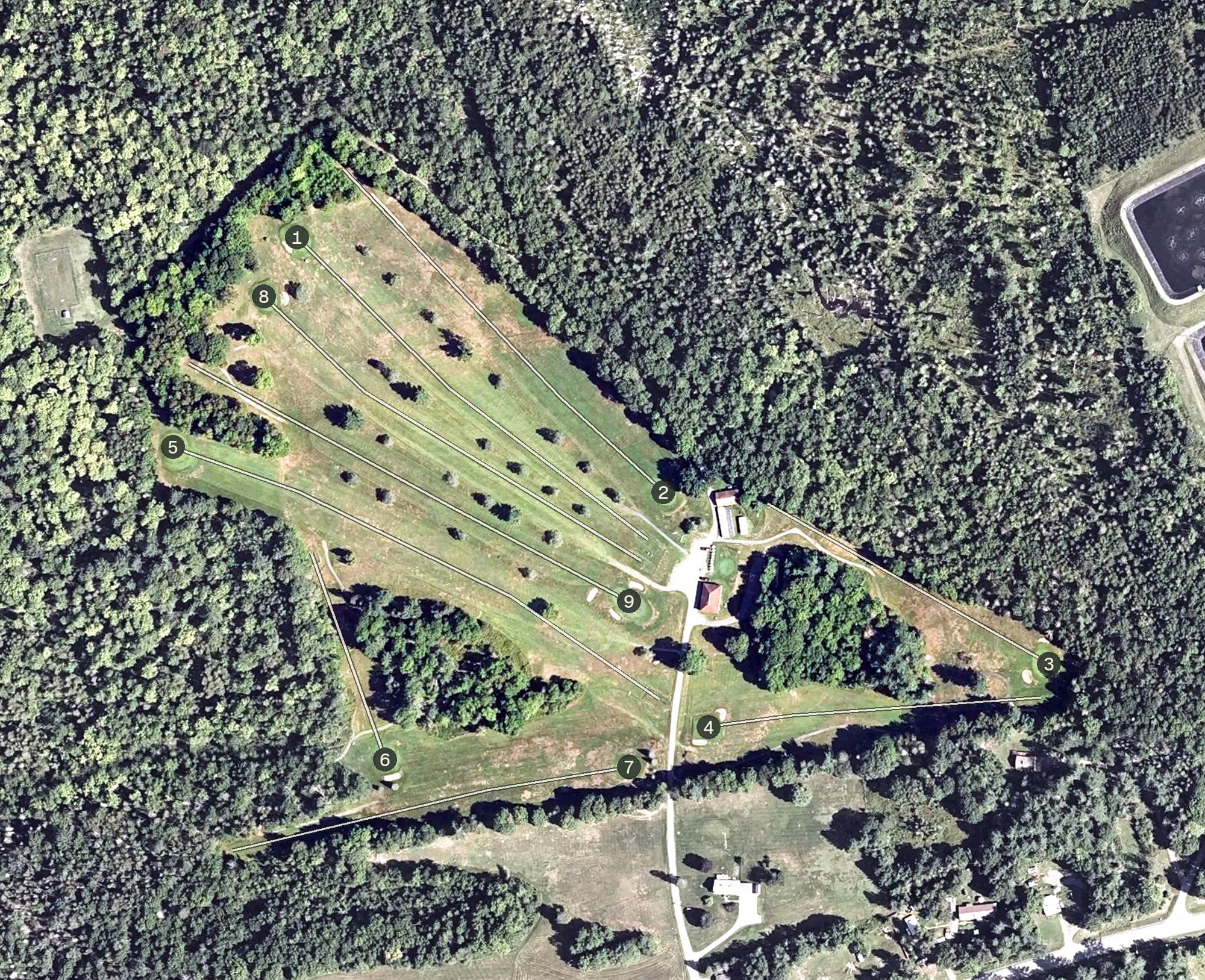 Aerial view of Piscataquis Country Club, ME, with its hole routing marked