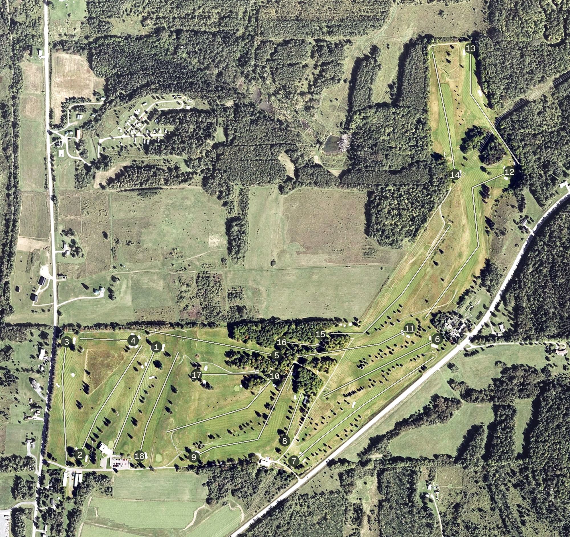 Aerial view of Presque Isle Country Club, ME, with its hole routing marked