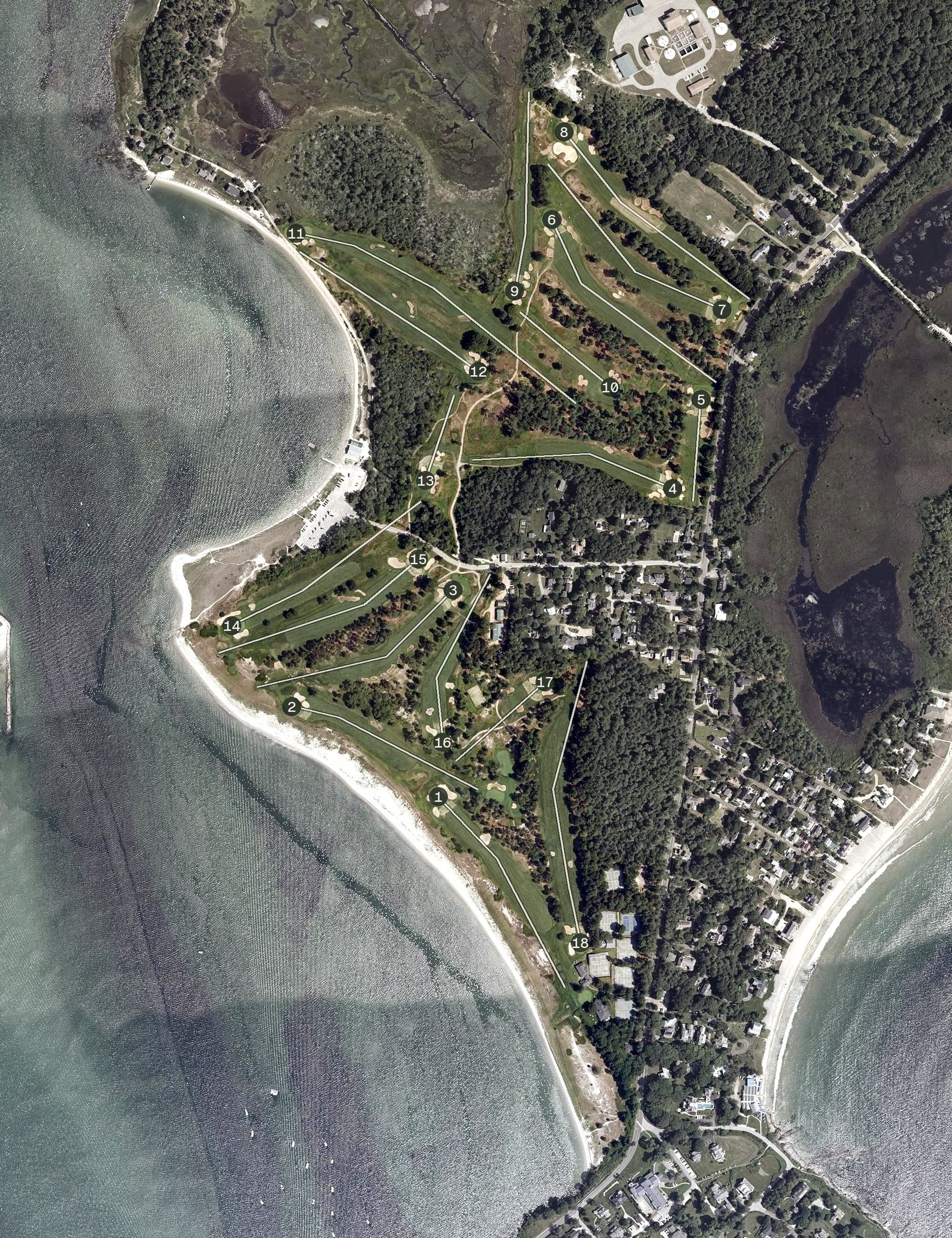 Aerial view of Prouts Neck Country Club, ME, with its hole routing marked
