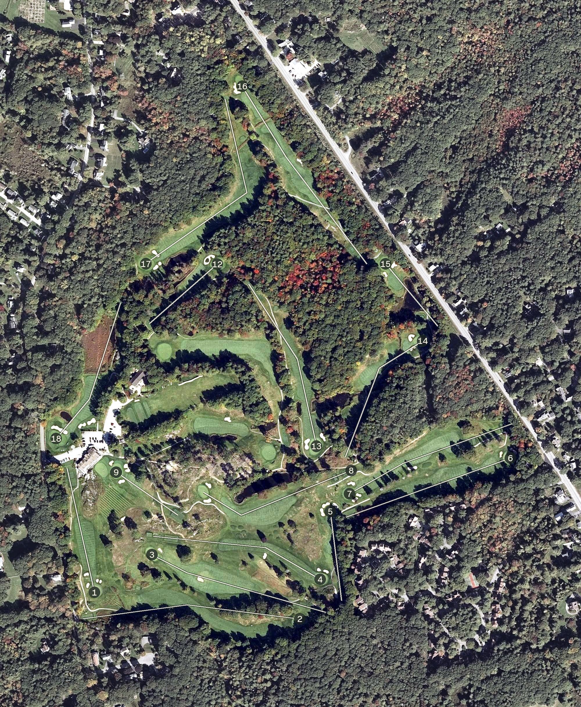 Aerial view of Purpoodock Golf Club, ME, with its hole routing marked