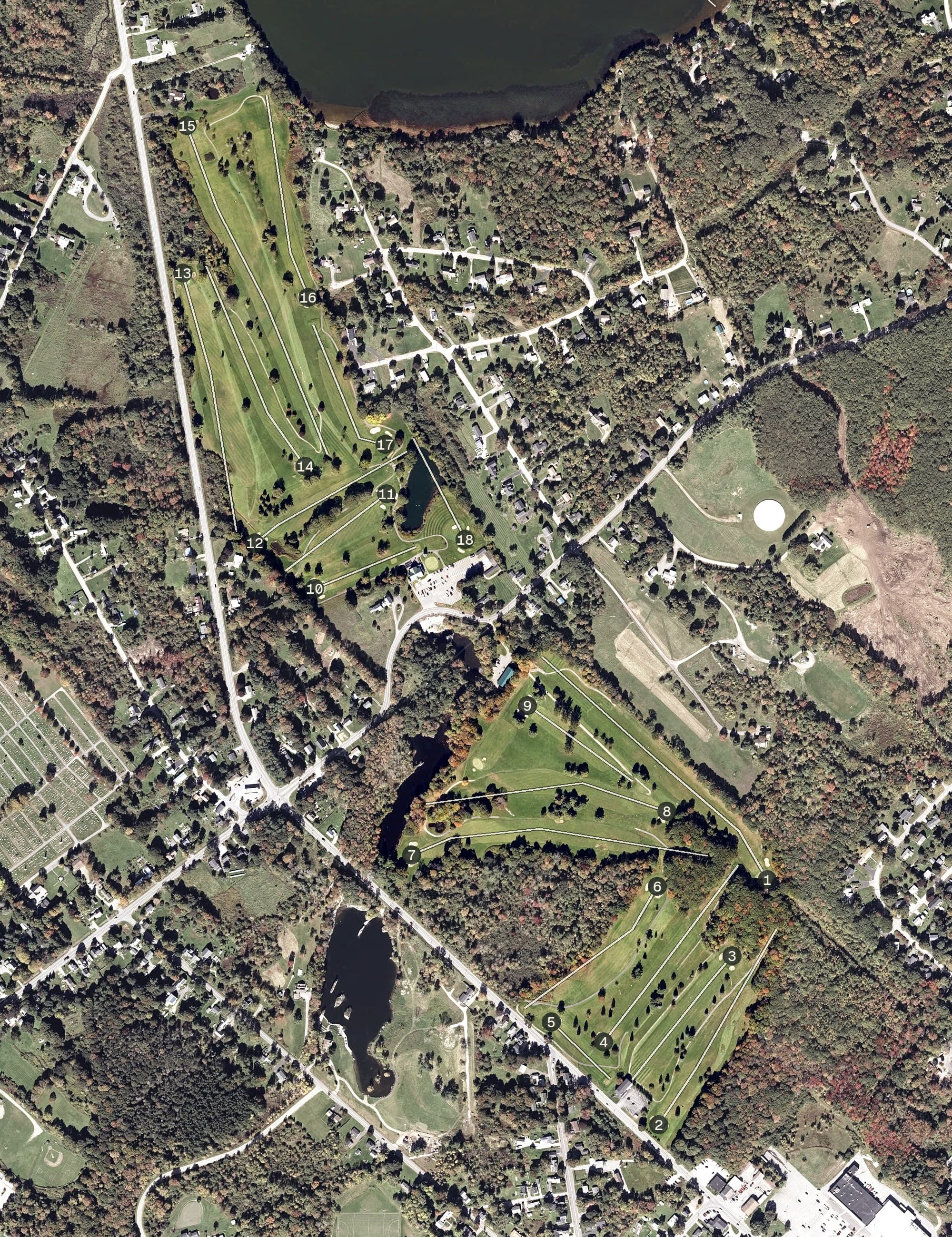 Aerial view of Rockland Golf Club, ME, with its hole routing marked
