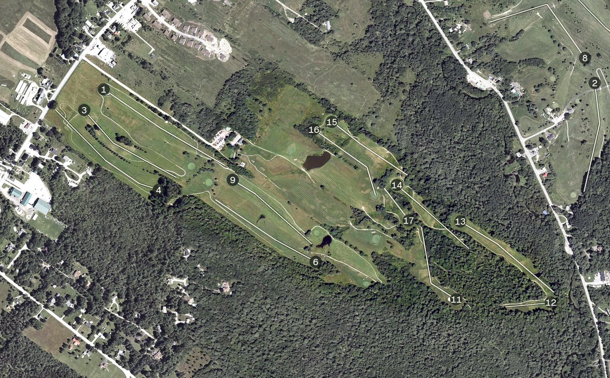 Aerial view of Rocky Knoll Country Club, ME, with its hole routing marked