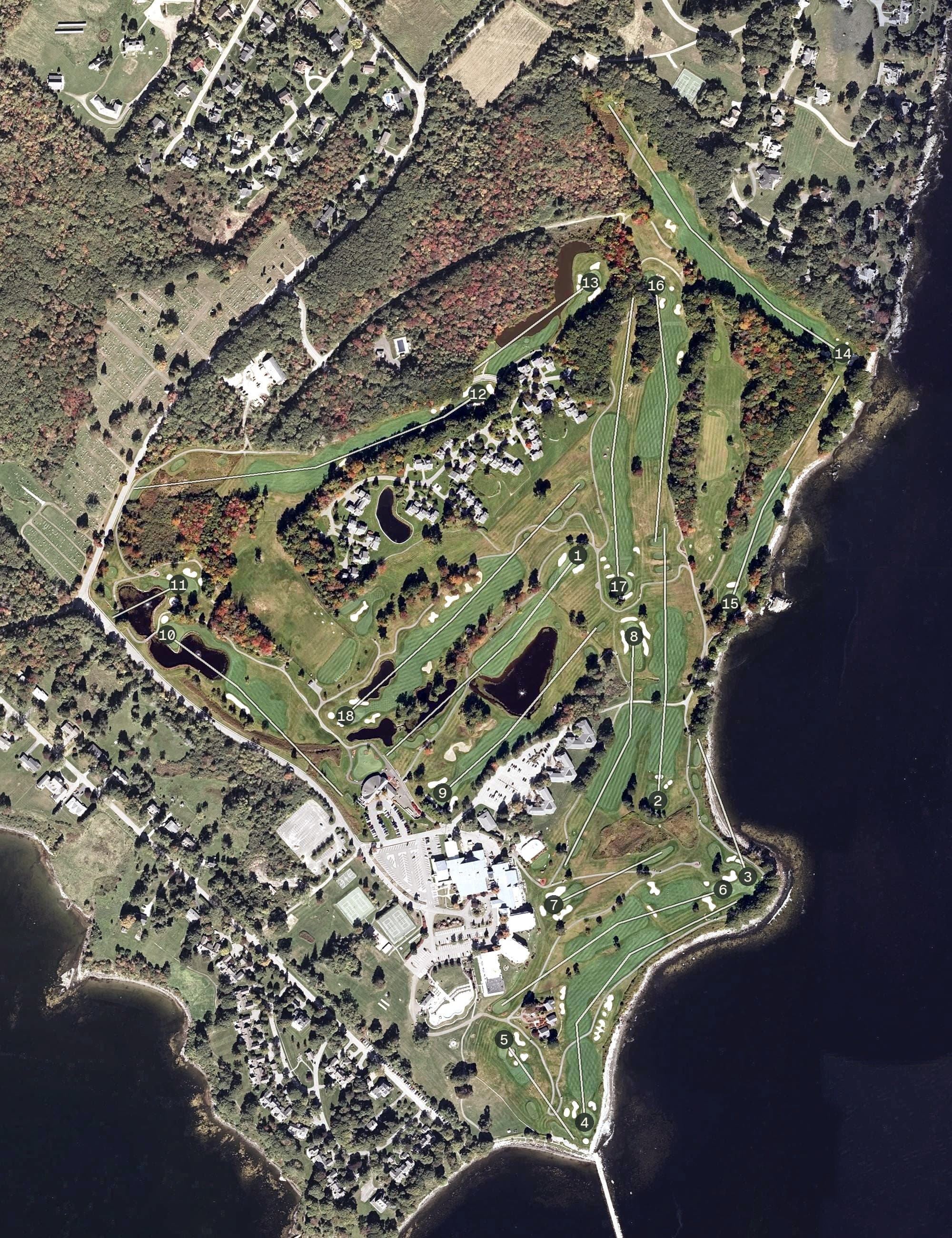 Aerial view of Samoset Golf Course, ME, with its hole routing marked
