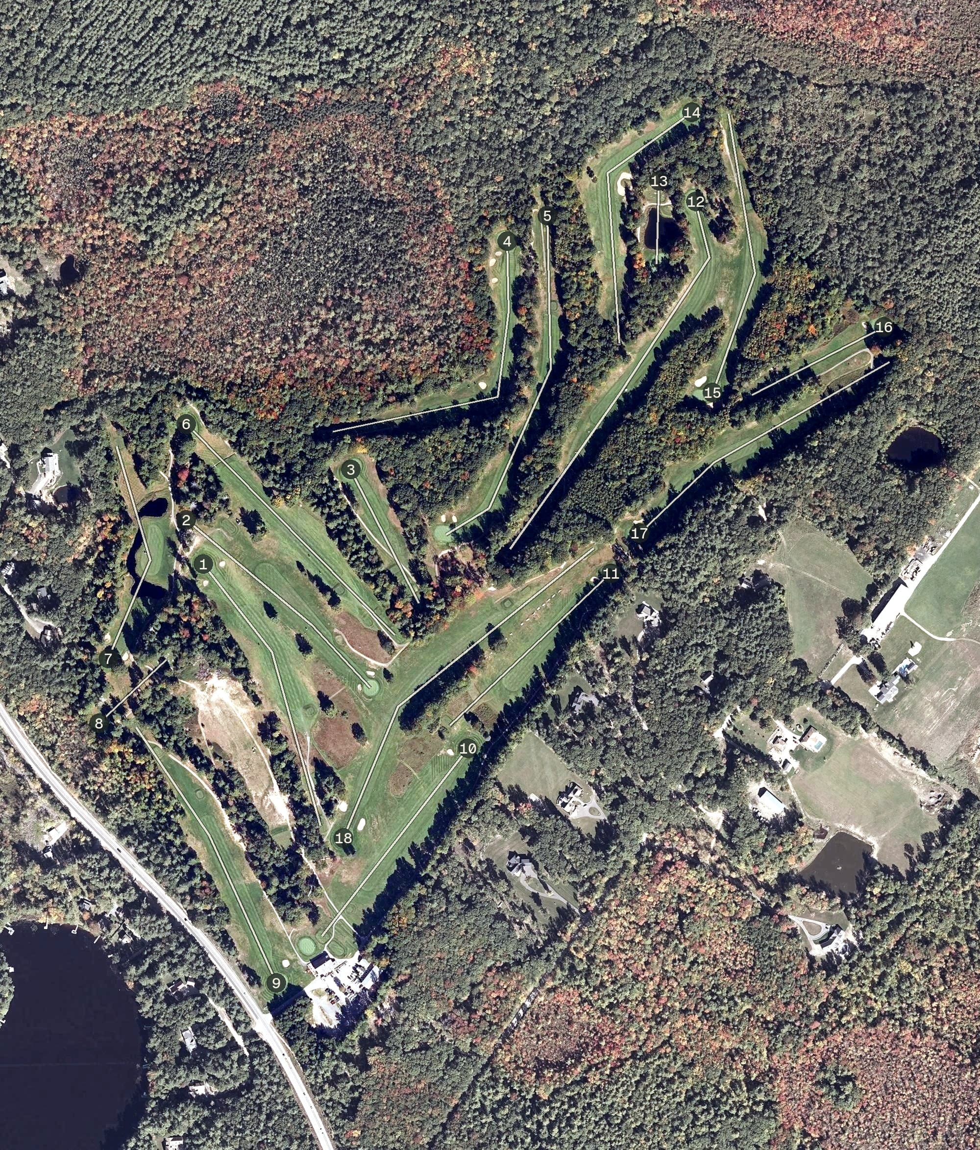 Aerial view of Sanford Country Club, ME, with its hole routing marked