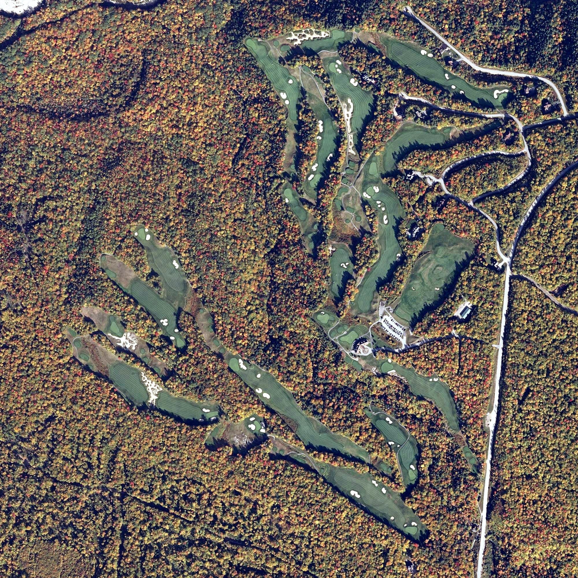 Aerial view of Sunday River Golf Club, ME, with its hole routing marked