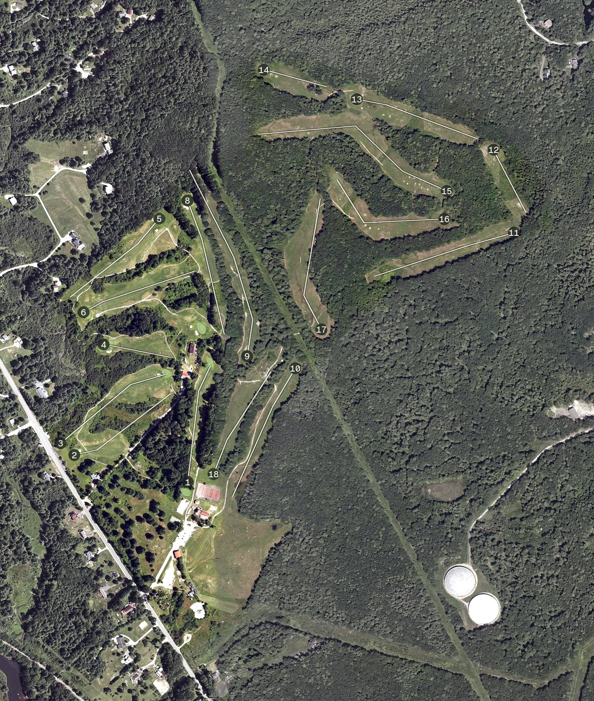 Aerial view of Sunset Ridge Golf Links, ME, with its hole routing marked