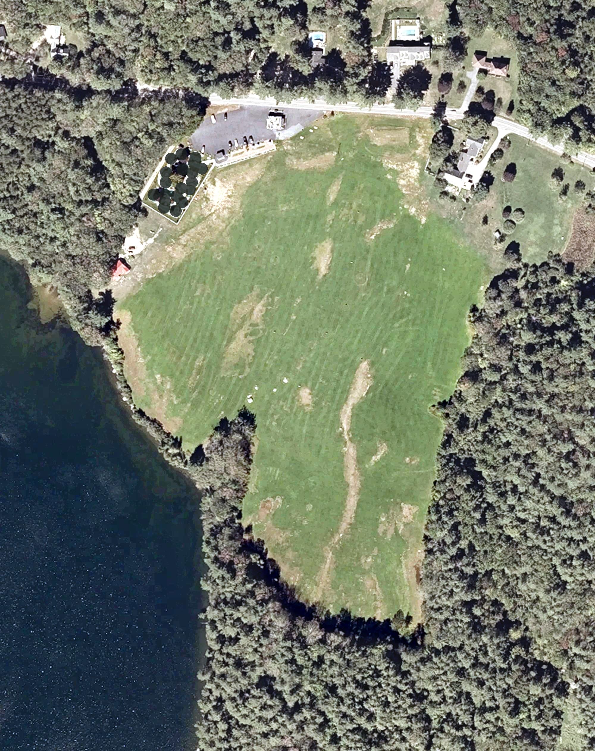 Aerial view of Taber's on the Lake, ME, with its hole routing marked