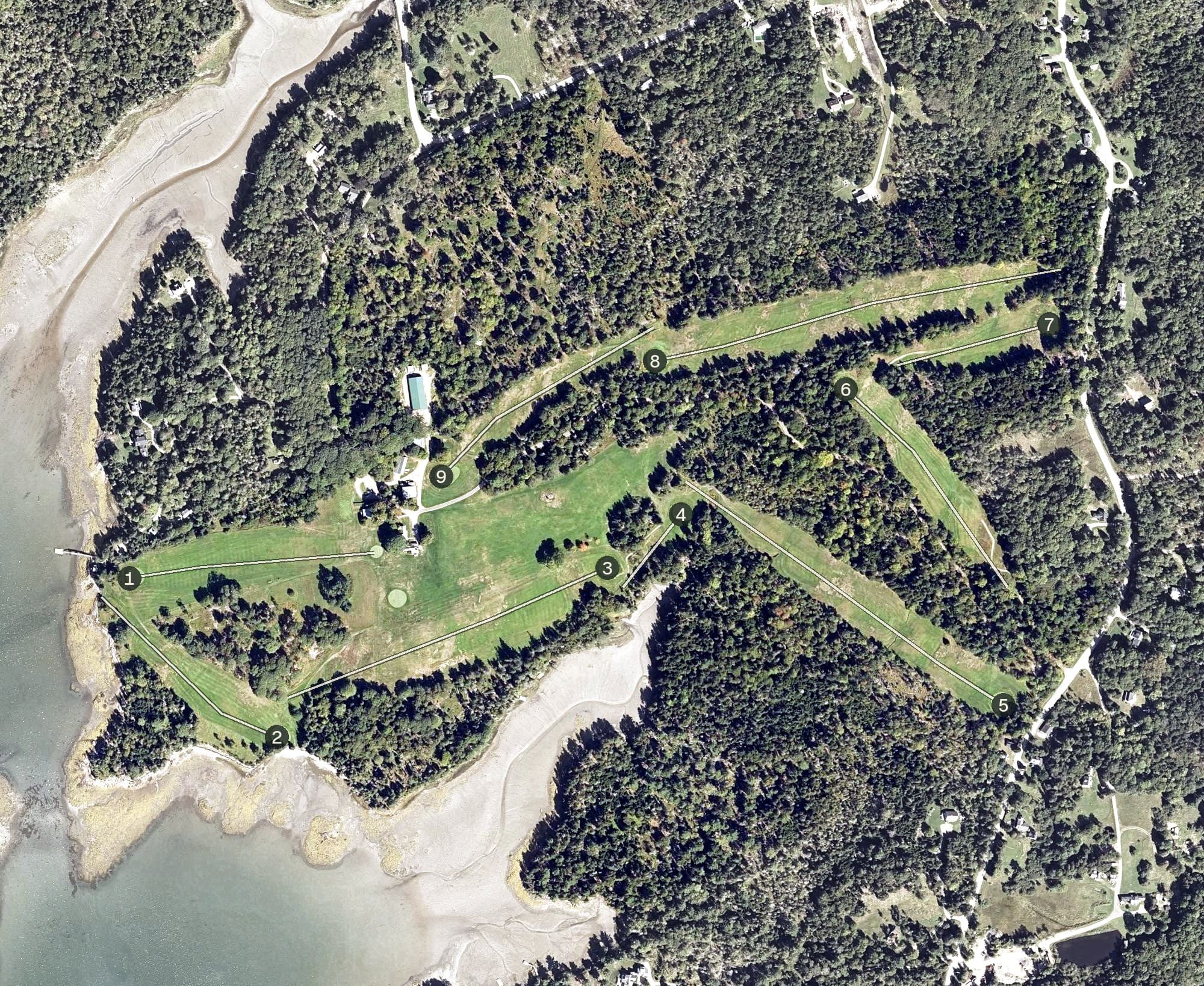 Aerial view of Tarratine Club of Dark Harbor, ME, with its hole routing marked