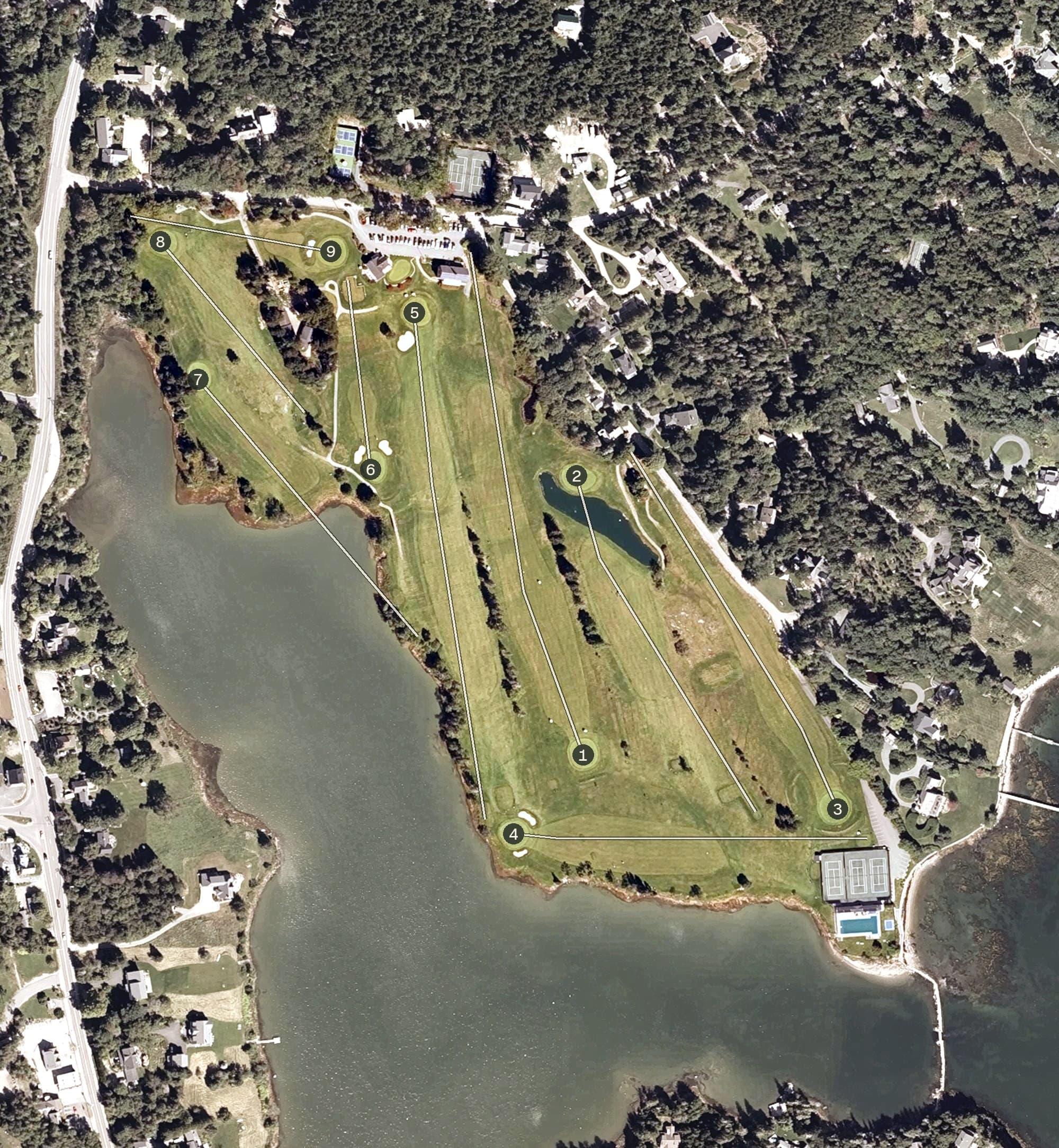 Aerial view of The Causeway Club, ME, with its hole routing marked