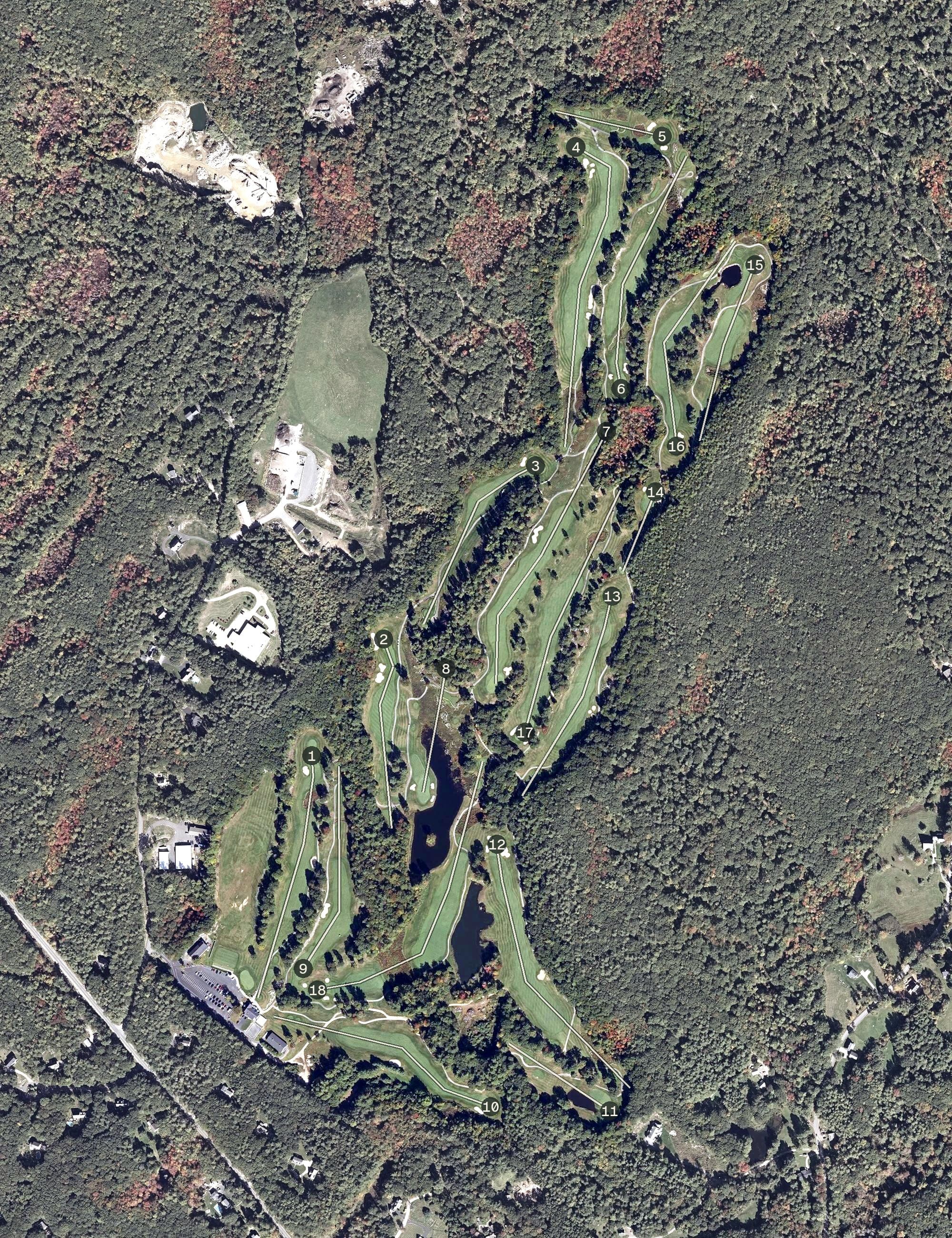 Aerial view of The Ledges Golf Club, ME, with its hole routing marked