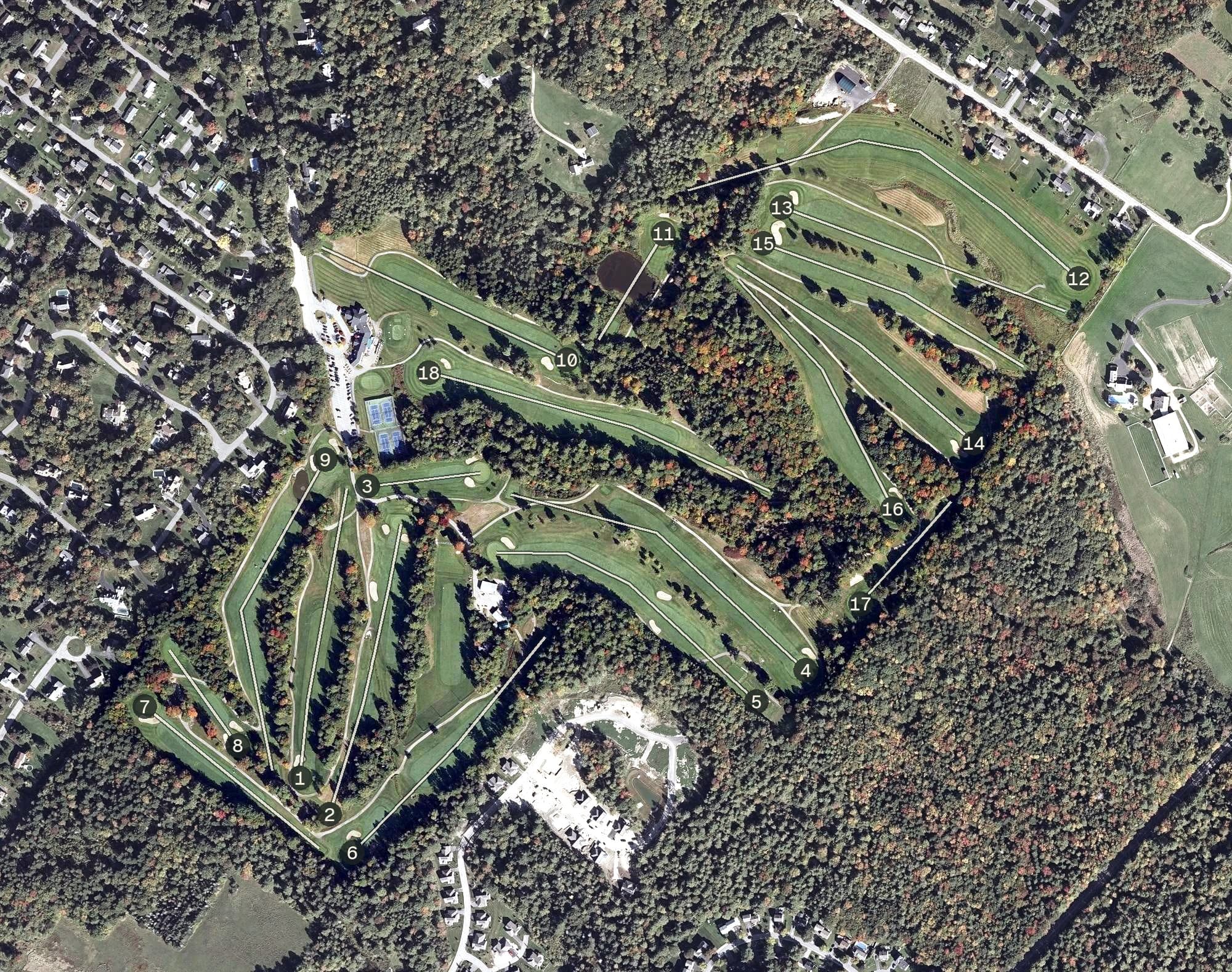 Aerial view of Val Halla Golf and Recreation Center, ME, with its hole routing marked