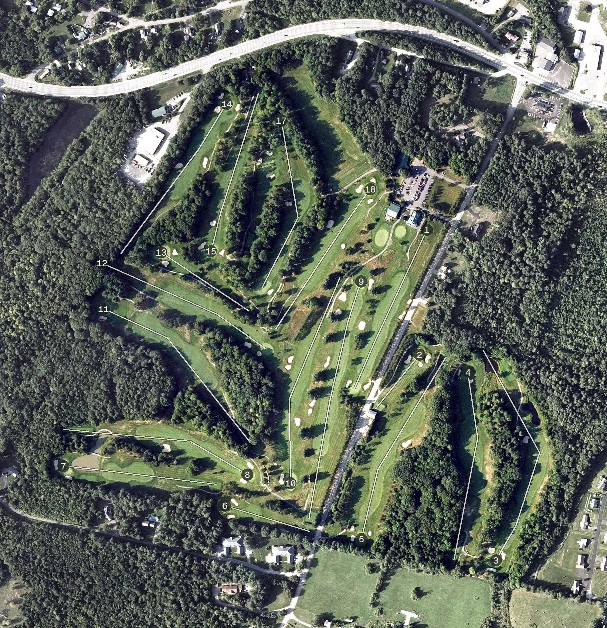 Aerial view of Waterville Country Club, ME, with its hole routing marked