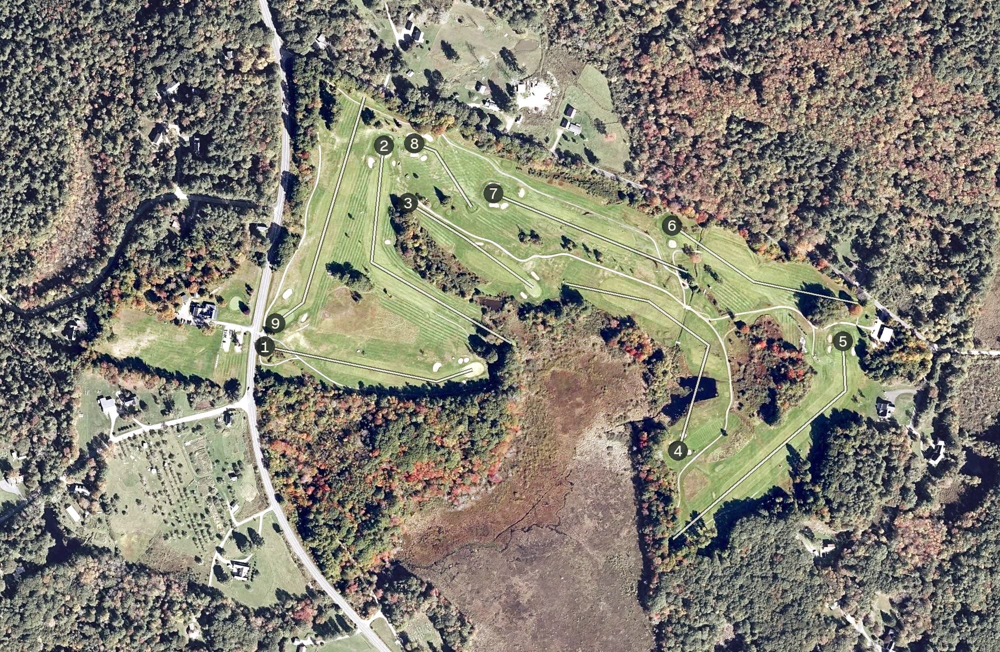 Aerial view of Wawenock Golf Club, ME, with its hole routing marked