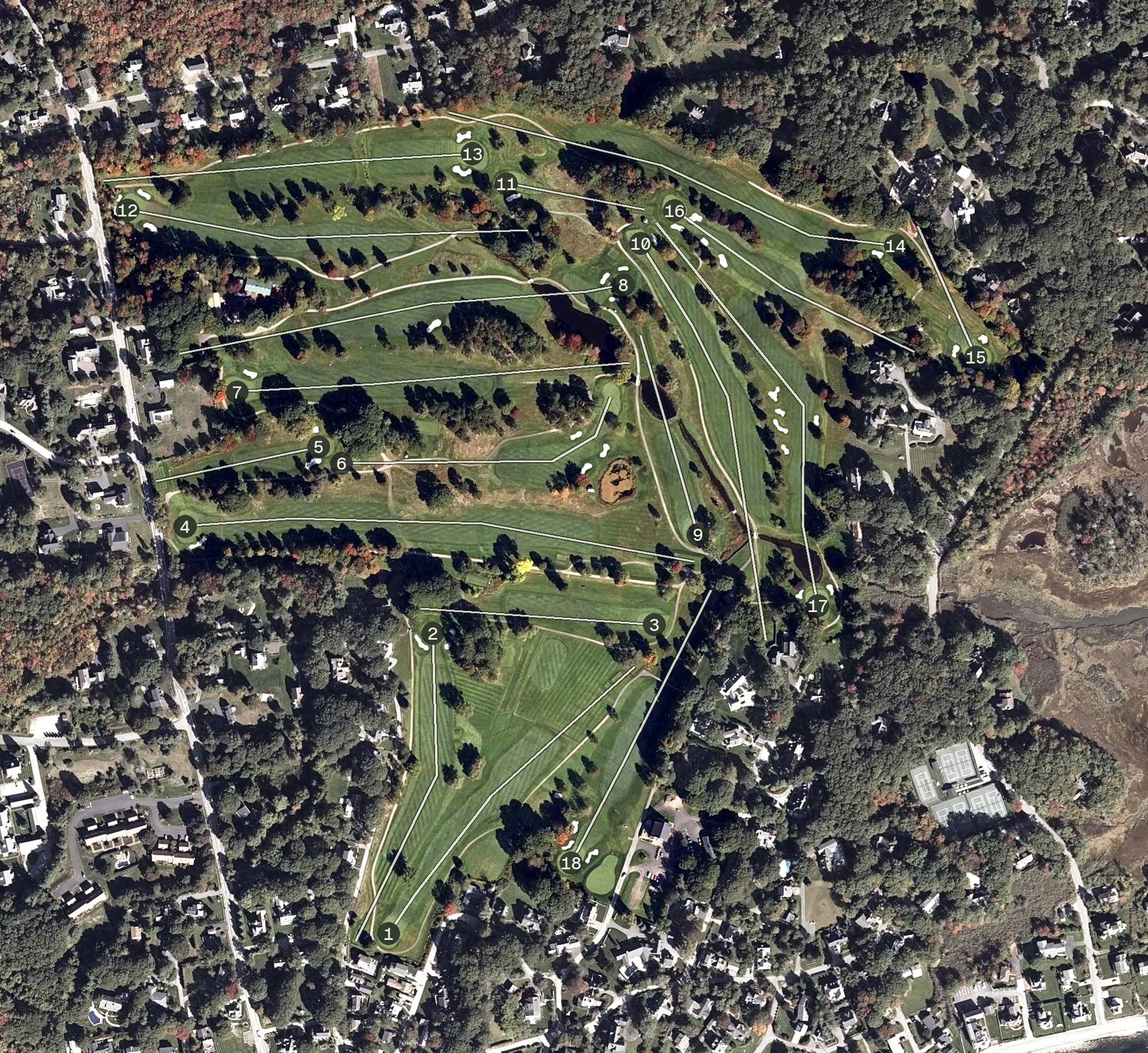 Aerial view of Webhannet Golf Club, ME, with its hole routing marked