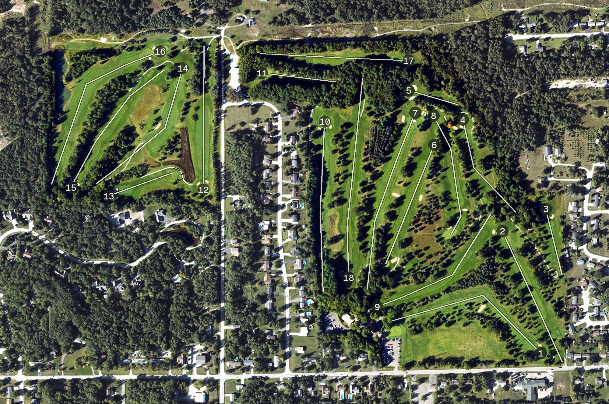 Aerial view of Alpena Golf Club, MI, with its hole routing marked