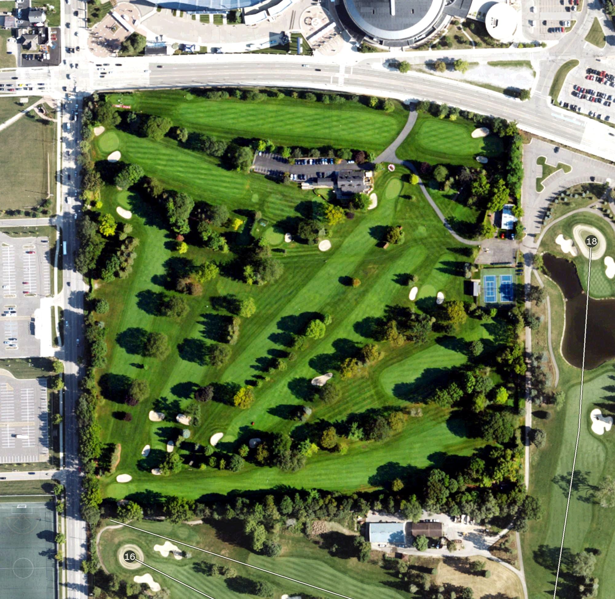 Aerial view of Ann Arbor Golf and Outing Club, MI, with its hole routing marked