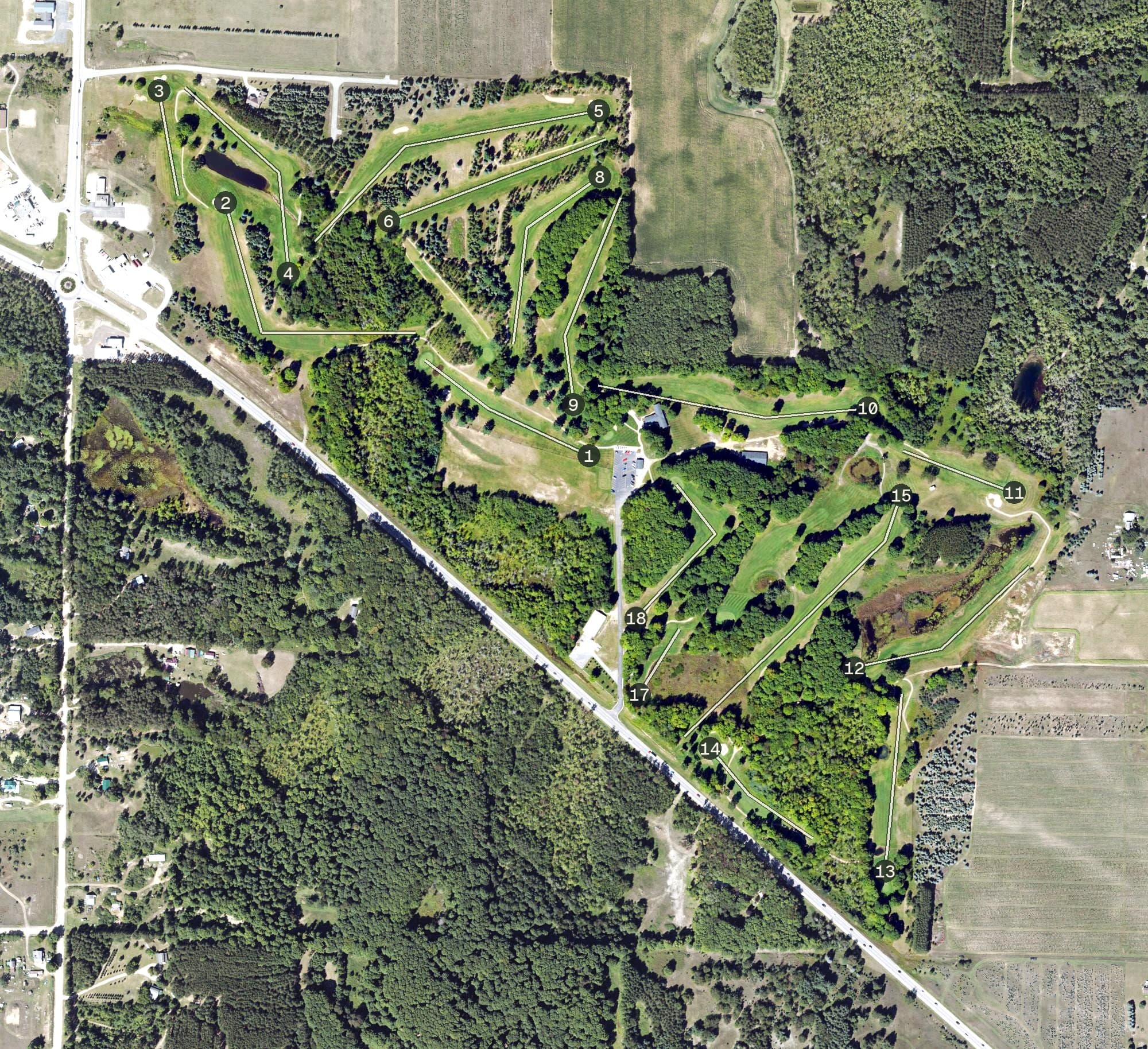Aerial view of Antioch Hills Golf Club, MI, with its hole routing marked