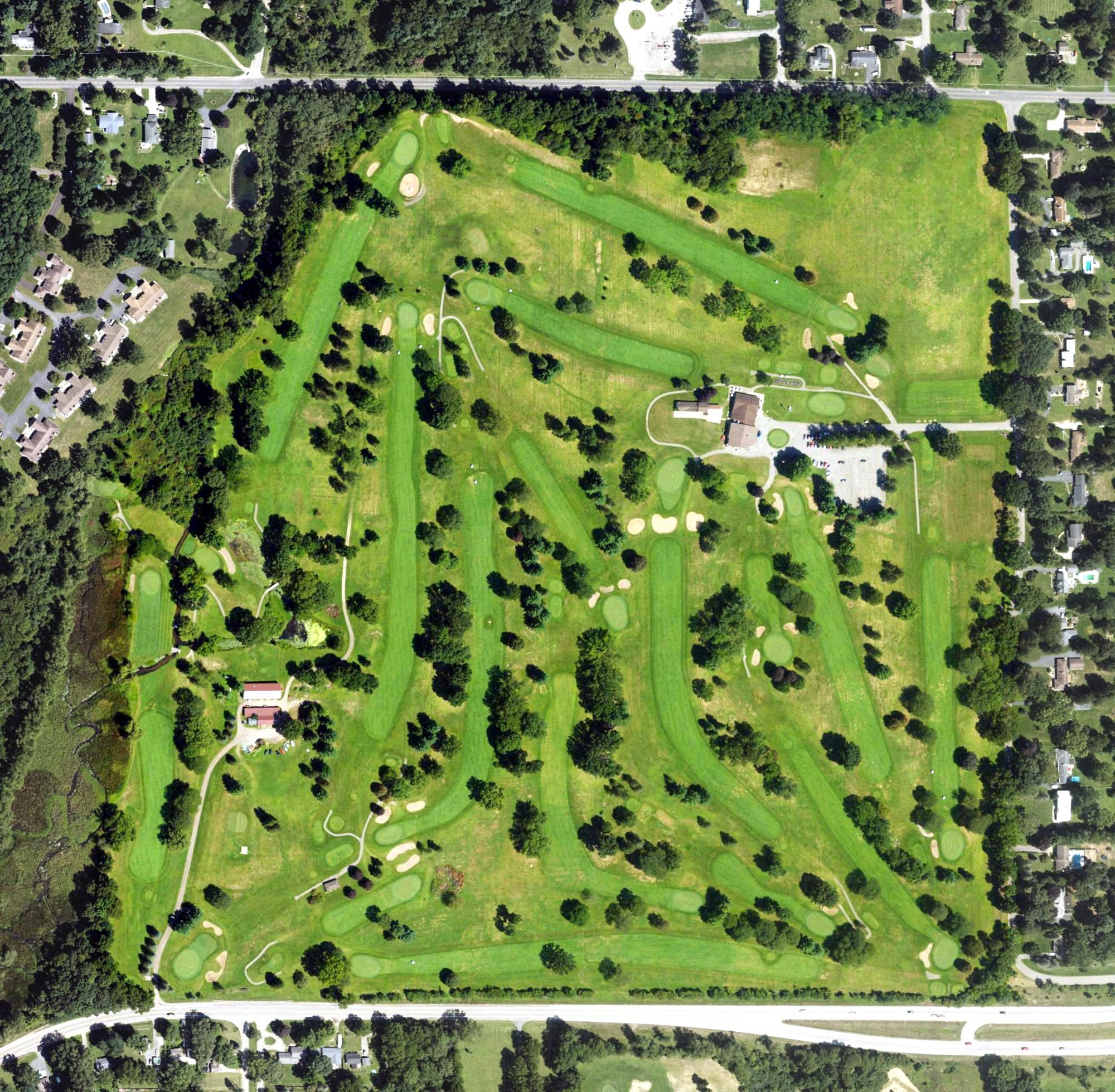 Aerial view of Arbor Hills Golf Club, MI, with its hole routing marked