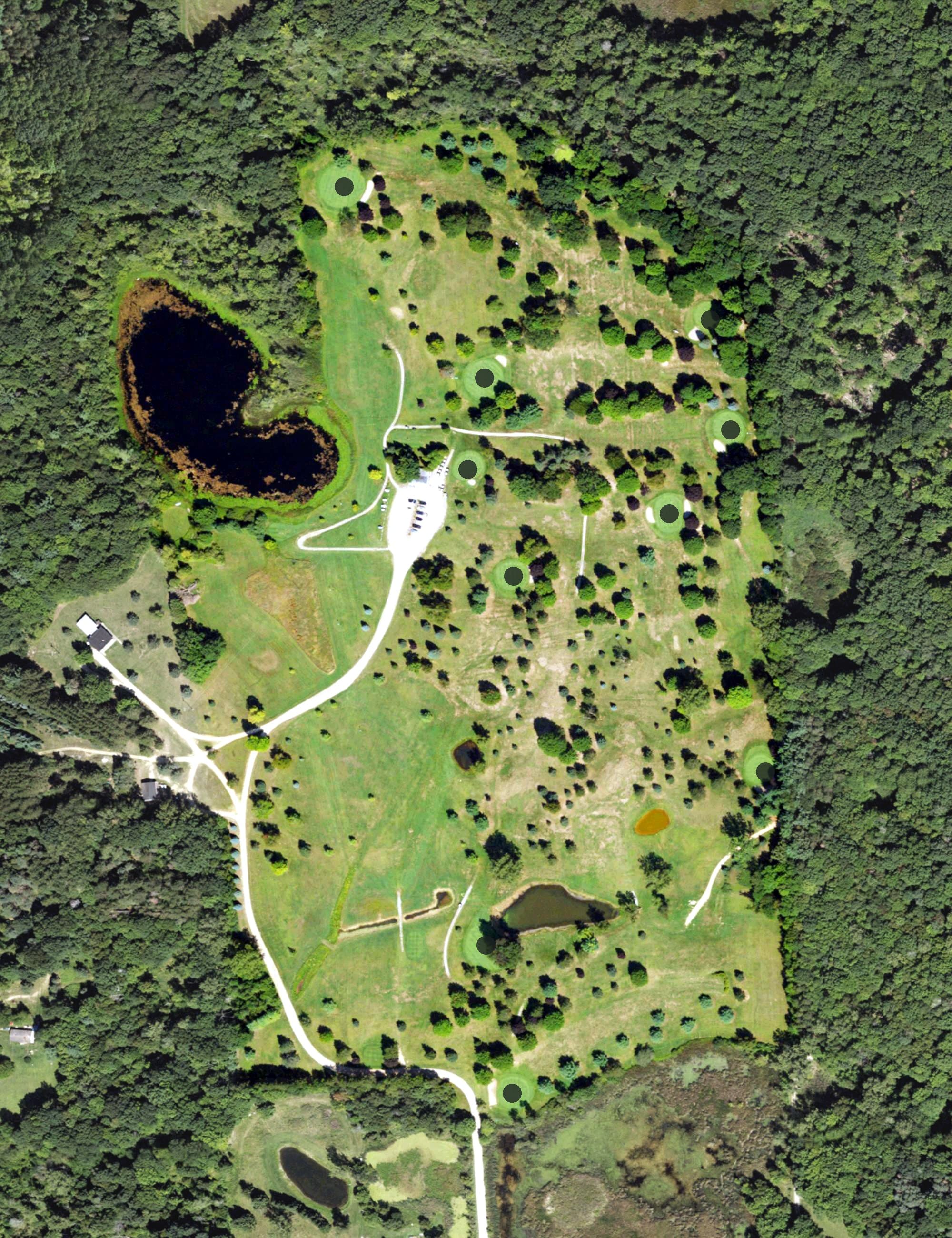 Aerial view of Arcadia Hills Golf Club, MI, with its hole routing marked