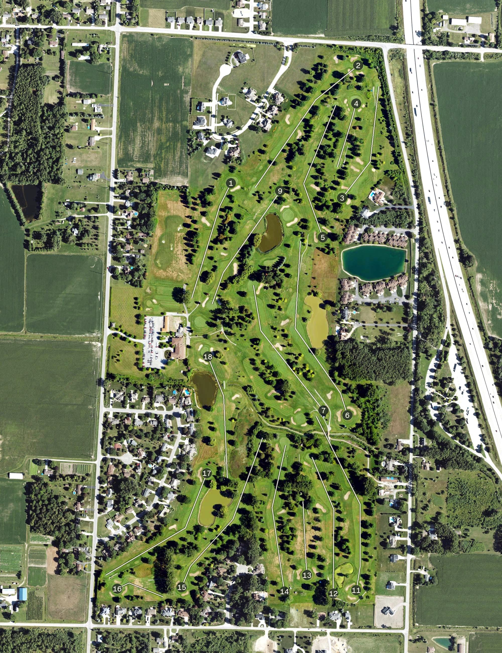 Aerial view of Bay City Country Club, MI, with its hole routing marked