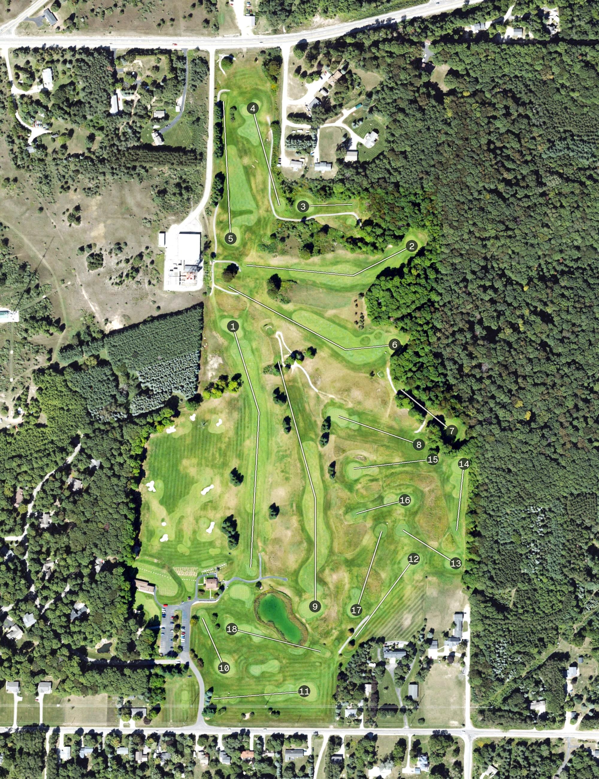 Aerial view of Bay Meadows Golf Course, MI, with its hole routing marked