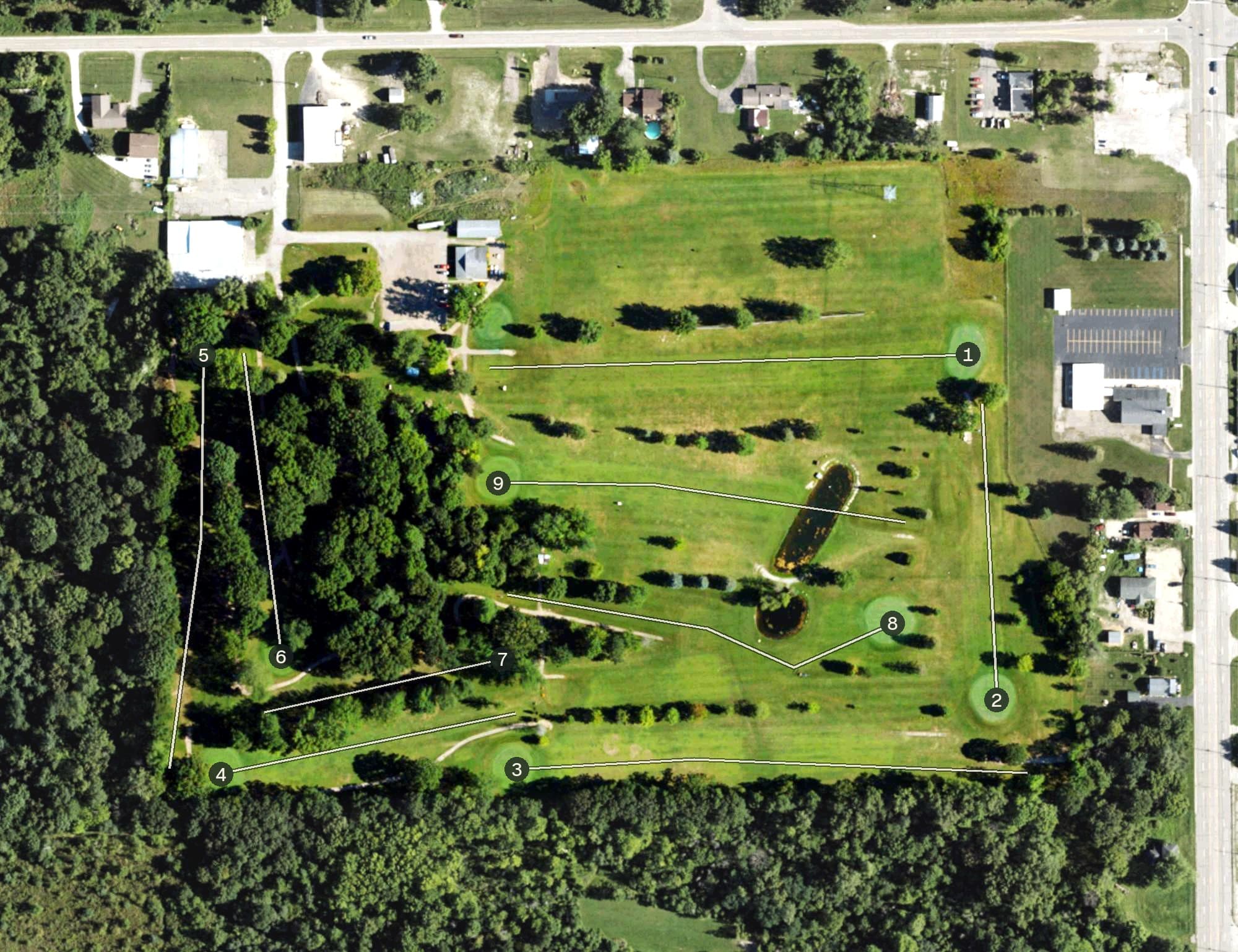 Aerial view of Beechwood Greens Golf Club, MI, with its hole routing marked