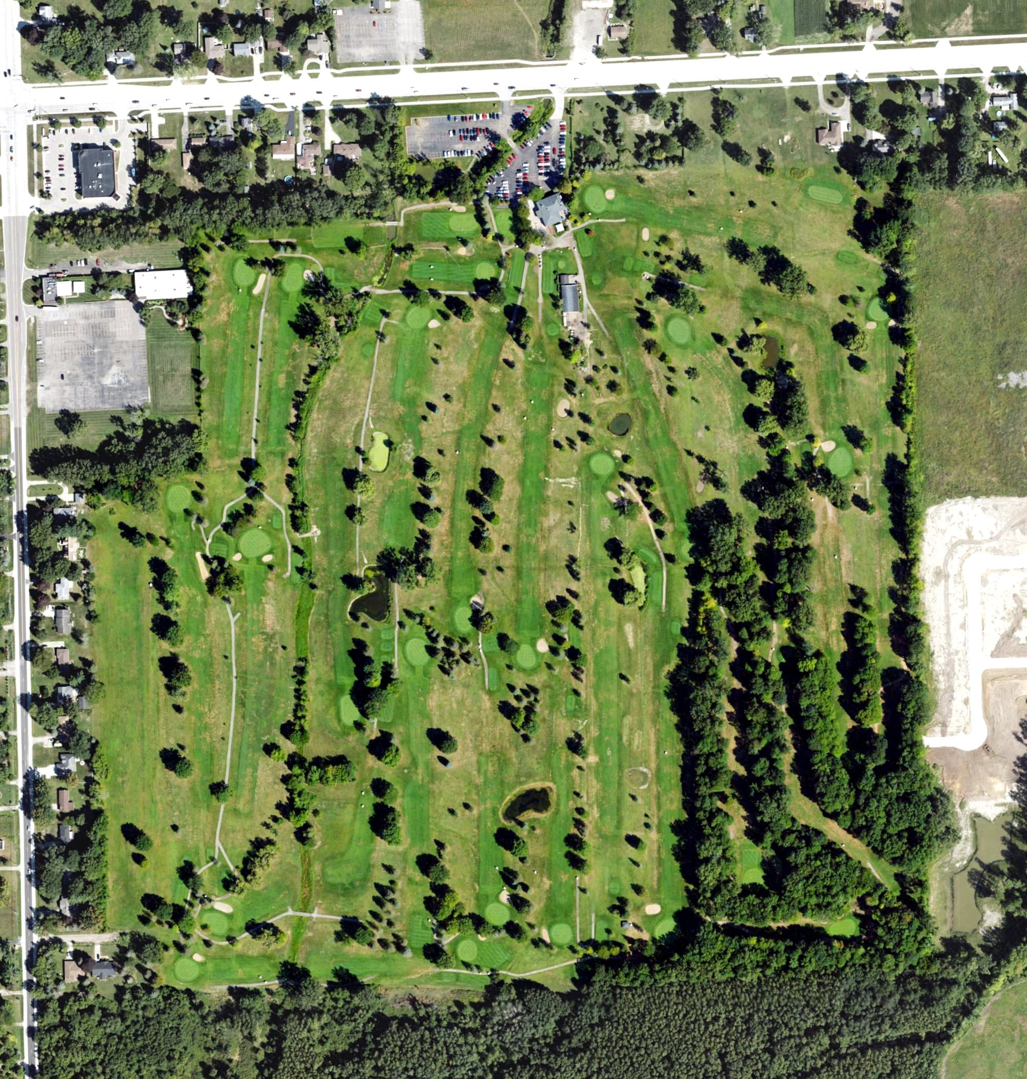 Aerial view of Bello Woods Golf Course, MI, with its hole routing marked