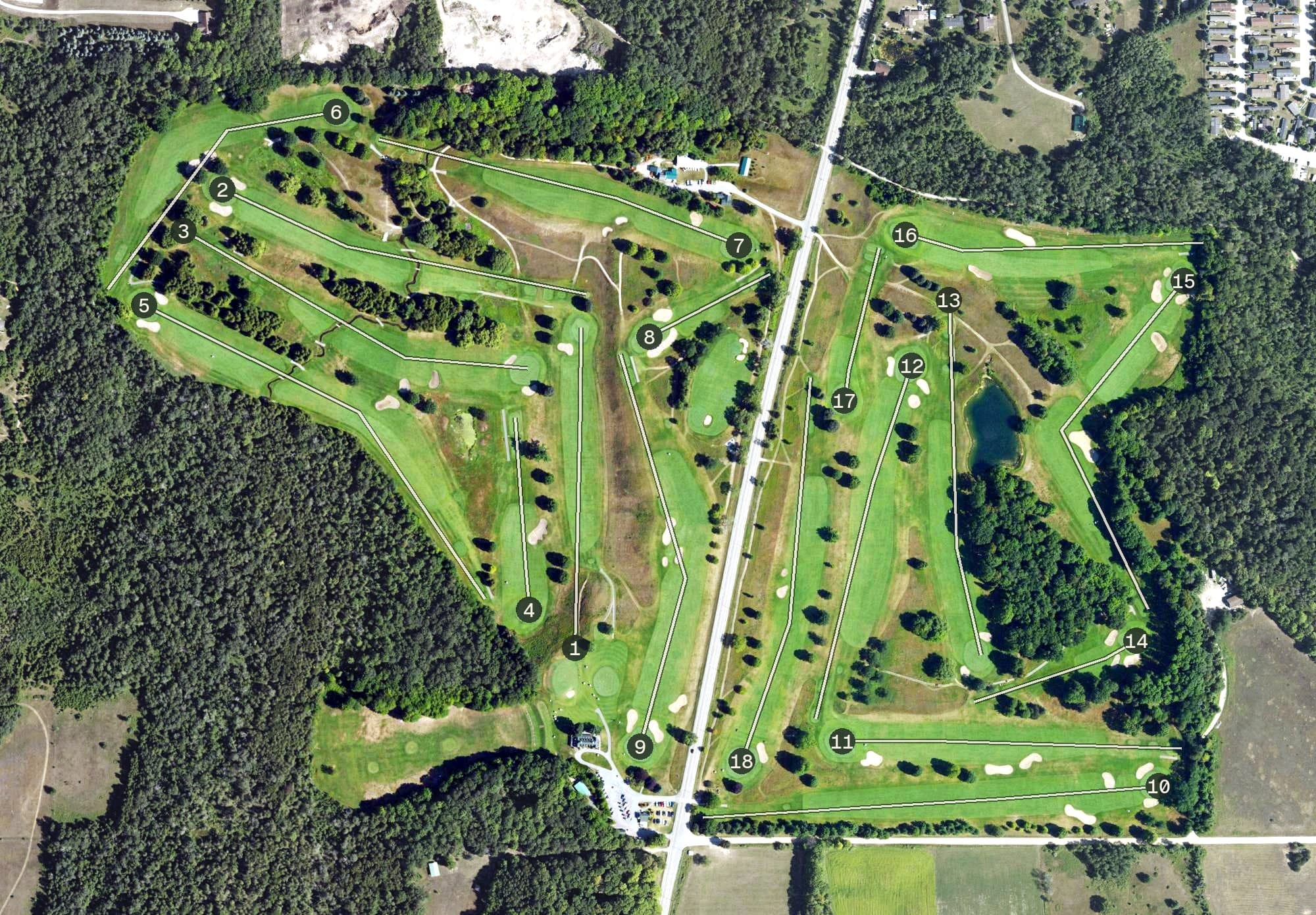 Aerial view of Belvedere Golf Club, MI, with its hole routing marked