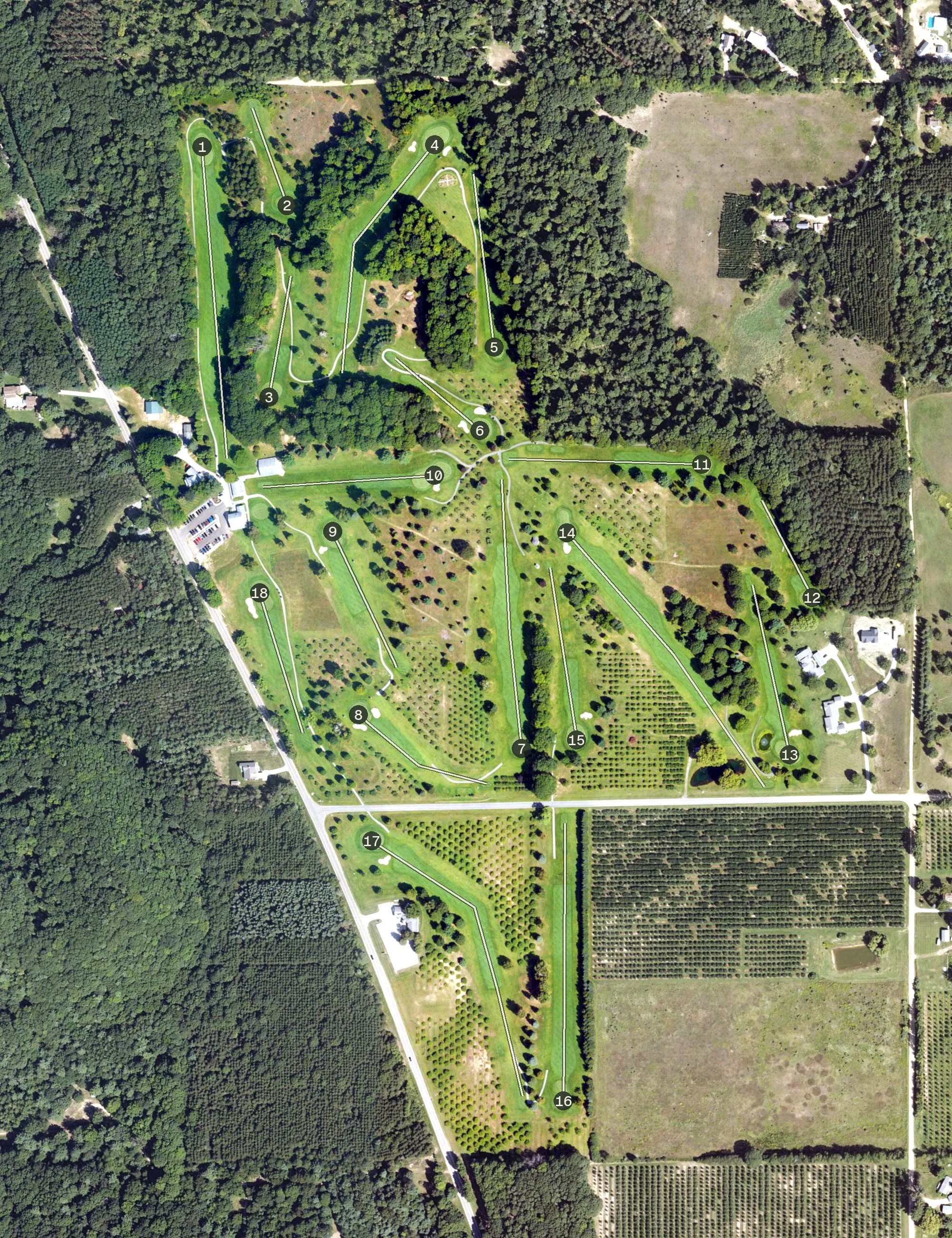 Aerial view of Benona Shores Golf Course, MI, with its hole routing marked