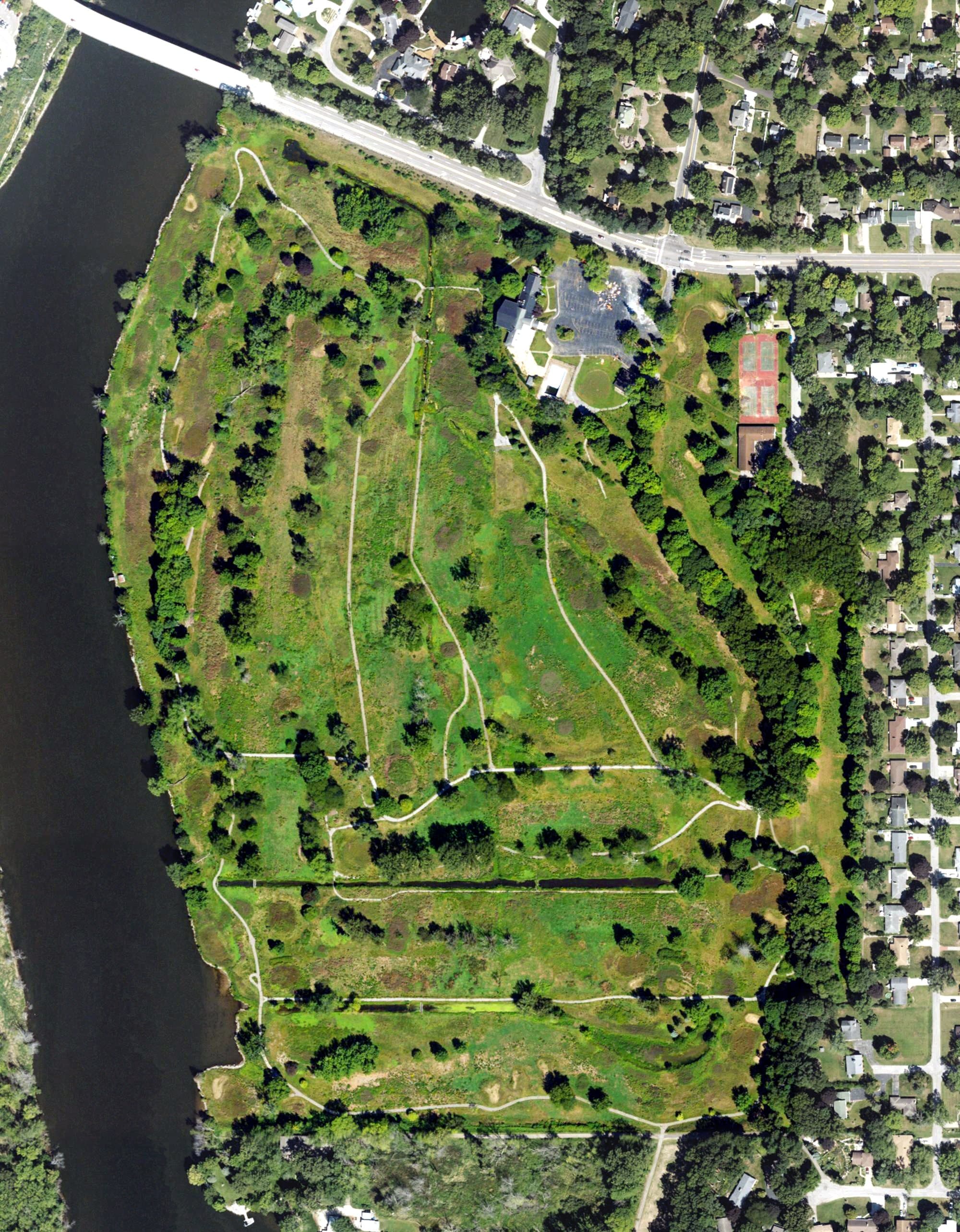 Aerial view of Berrien Hills Golf Club, MI, with its hole routing marked