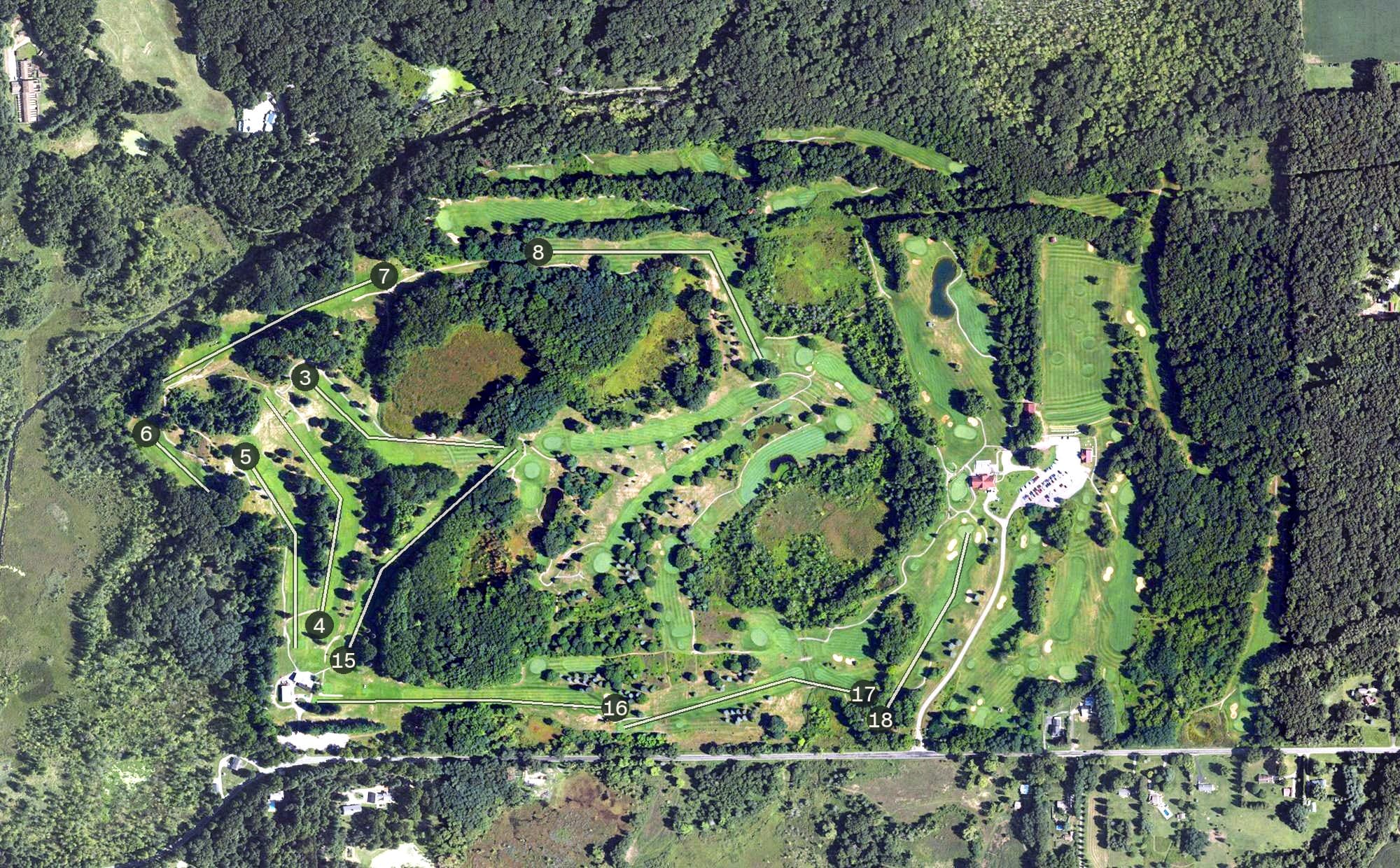 Aerial view of Binder Park Golf Course, MI, with its hole routing marked